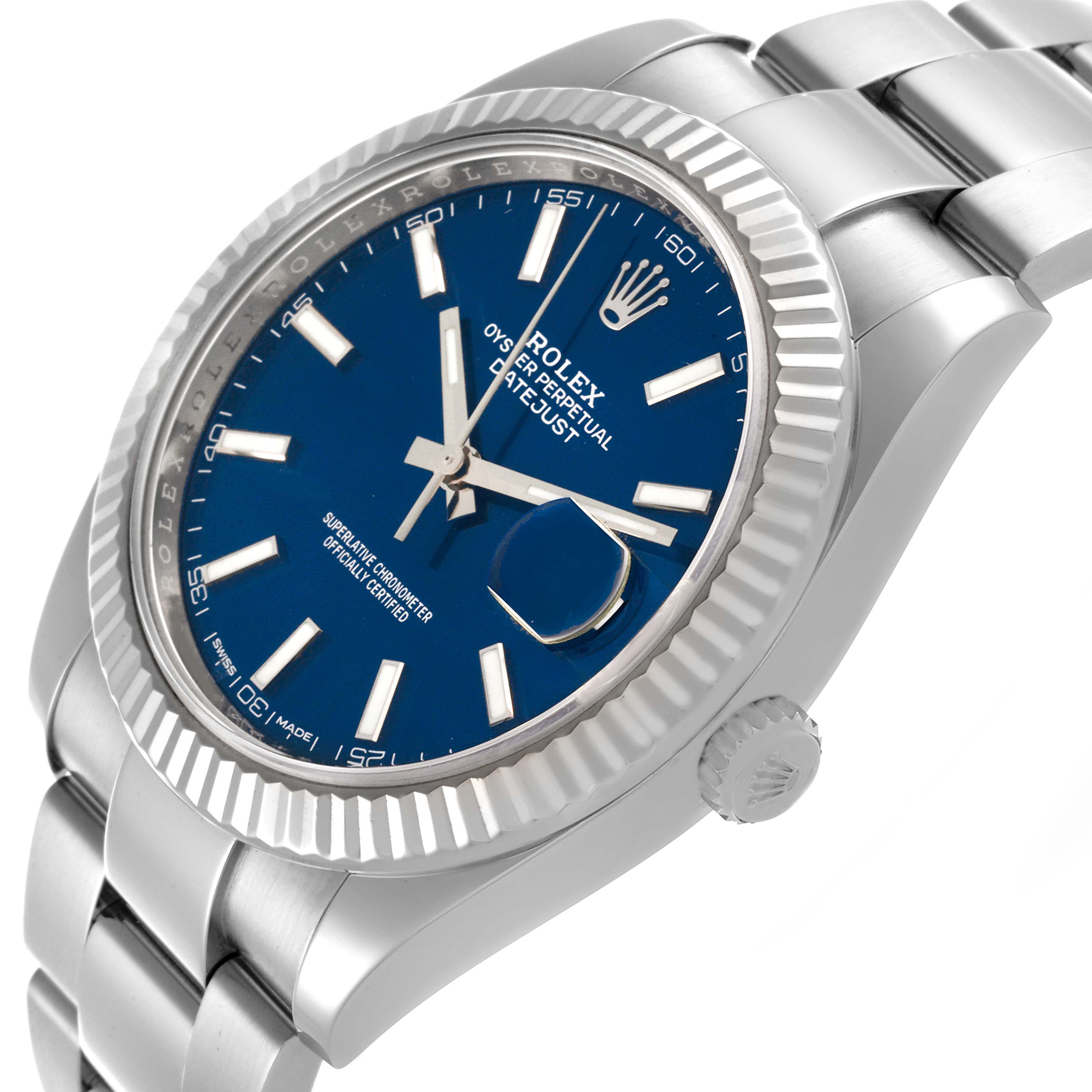 The Rolex Datejust 41 126334 Men's Stainless Steel Blue Dial 126334 Men's Stainless Steel Blue Dial is shown at a slight angle, highlighting the blue dial, fluted bezel, crown, and part of the bracelet.