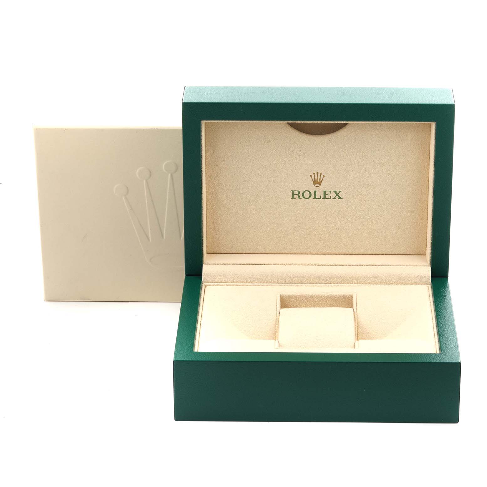 The image shows an open green and beige Rolex watch box for the Datejust 41 model.