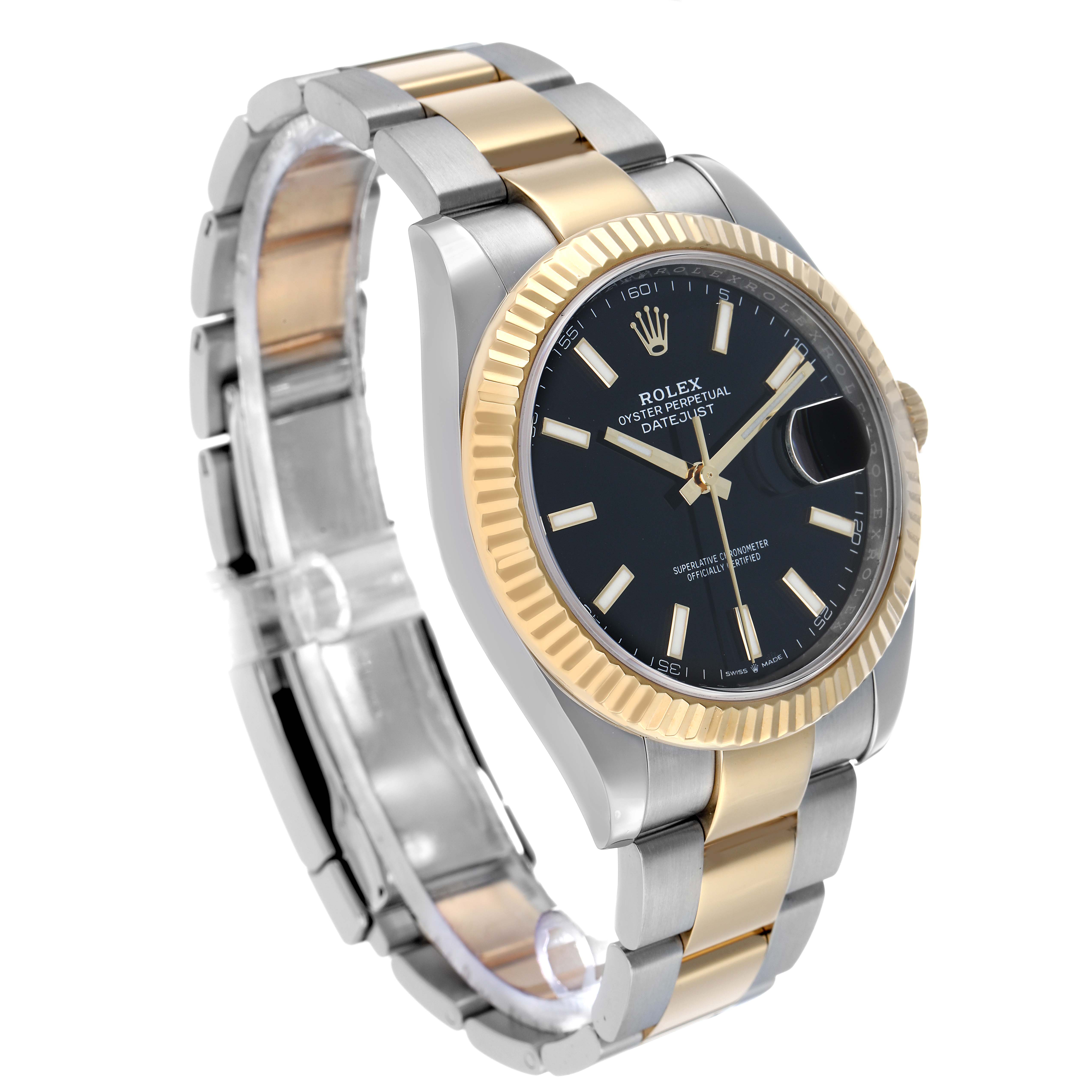 The Rolex Datejust 41 126333 Men's Steel and Gold (two tone) Black Dial is shown at a slight side angle, highlighting the two-tone bracelet, black dial, and fluted bezel.