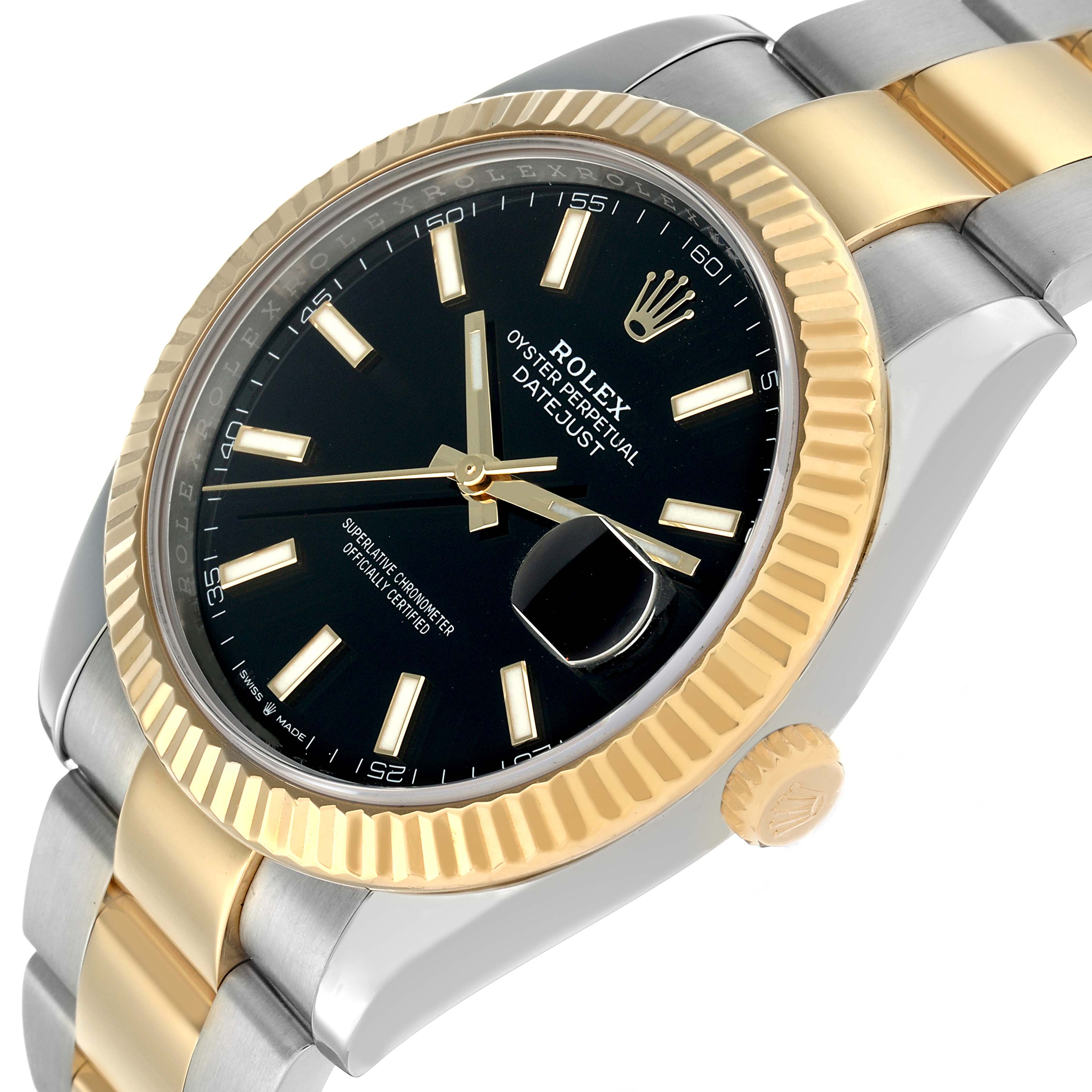 The Rolex Datejust 41 126333 Men's Steel and Gold (two tone) Black Dial is shown at a slightly tilted angle, highlighting the black dial, gold fluted bezel, and two-tone bracelet.