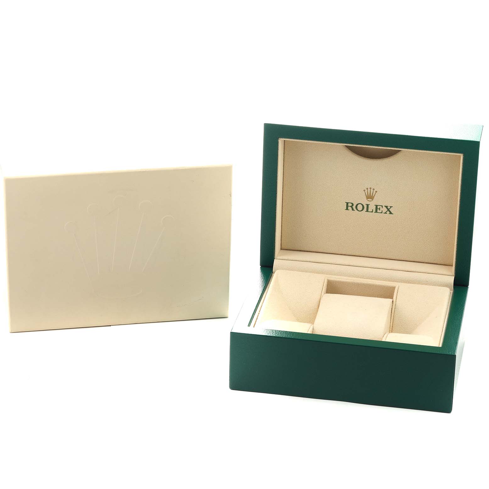 The image shows the Rolex Datejust 41 126333 Men's Steel and Gold (two tone) Black Dial watch box and outer packaging at an angle, highlighting the box's open lid and interior.