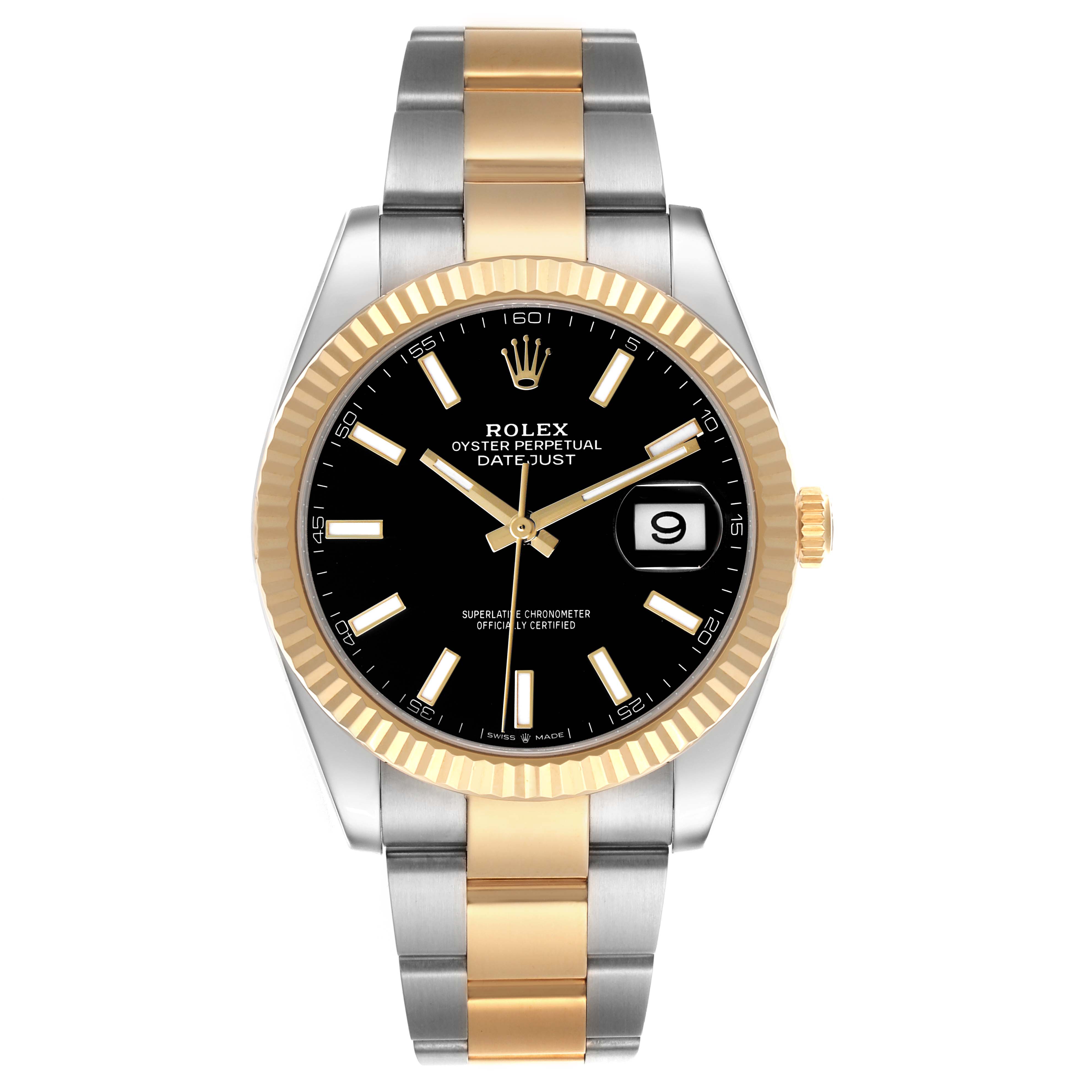 The Rolex Datejust 41 126333 Men's Steel and Gold (two tone) Black Dial is shown from the front, displaying the dial, bezel, bracelet, and date window.