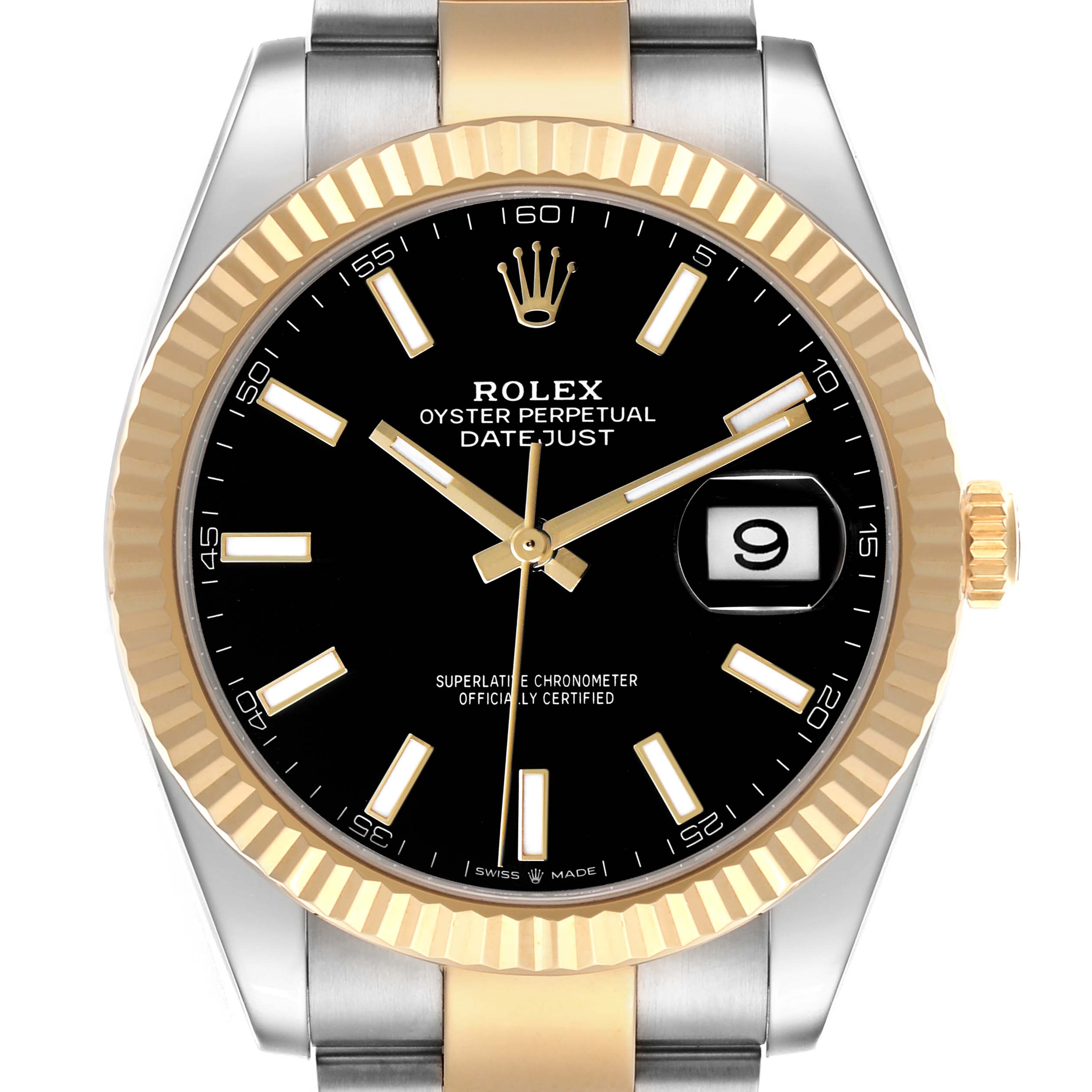 The Rolex Datejust 41 126333 Men's Steel and Gold (two tone) Black Dial is shown from the front, highlighting the face, bezel, and part of the bracelet.