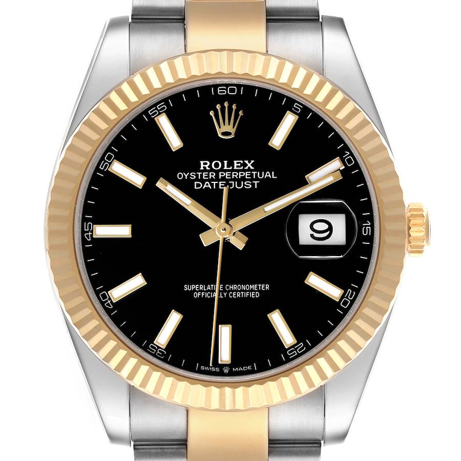 The Rolex Datejust 41 126333 Men's Steel and Gold (two tone) Black Dial is shown from the front, highlighting the face, bezel, and part of the bracelet.