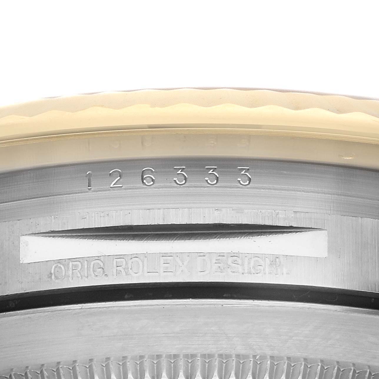 The image shows the side view of a Rolex Datejust 41 126333 Men's Steel and Gold (two tone) Black Dial model, focusing on the case with "ORIG. ROLEX DESIGN" and the reference number engraved.