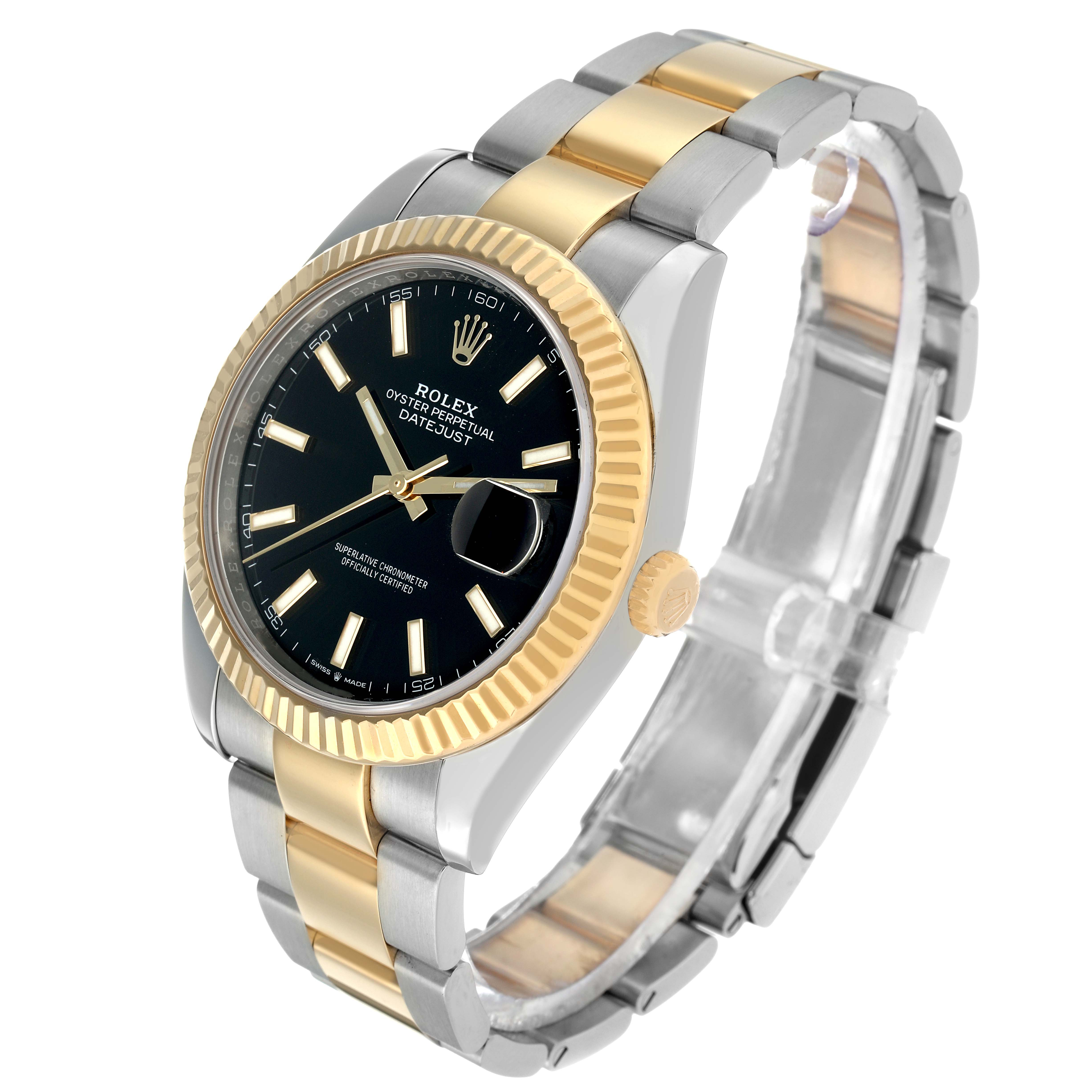 The Rolex Datejust 41 126333 Men's Steel and Gold (two tone) Black Dial is shown at a three-quarter angle, highlighting the face, fluted bezel, crown, and bracelet.