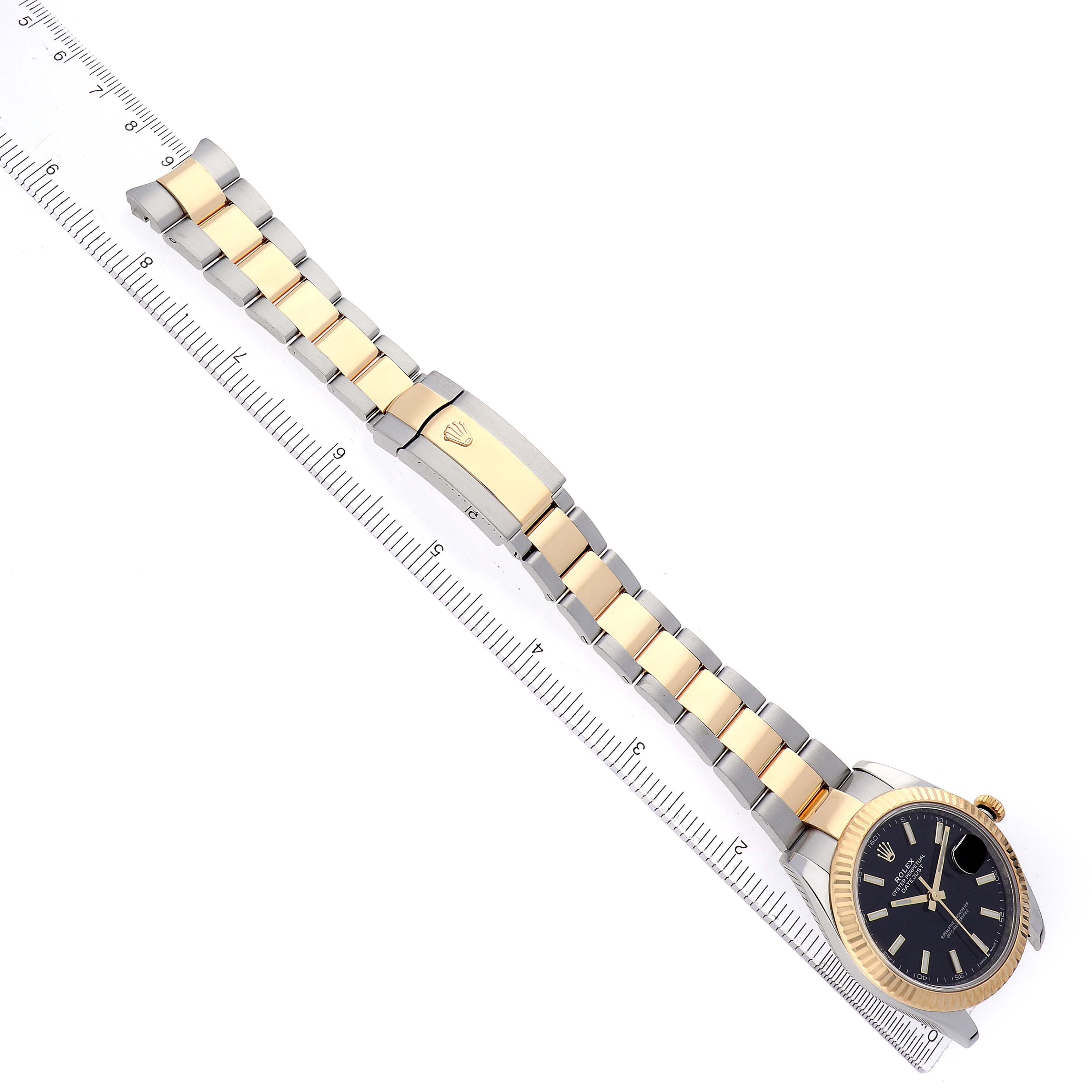 The Rolex Datejust 41 126333 Men's Steel and Gold (two tone) Black Dial watch is displayed from a top view, showing its bracelet, clasp, case, and a partial view of the dial.
