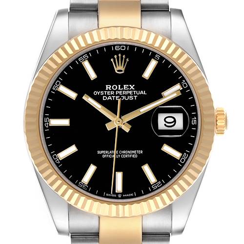 The Rolex Datejust 41 126333 Men's Steel and Gold (two tone) Black Dial is shown from a front view, displaying the dial, fluted bezel, crown, and part of the bracelet.