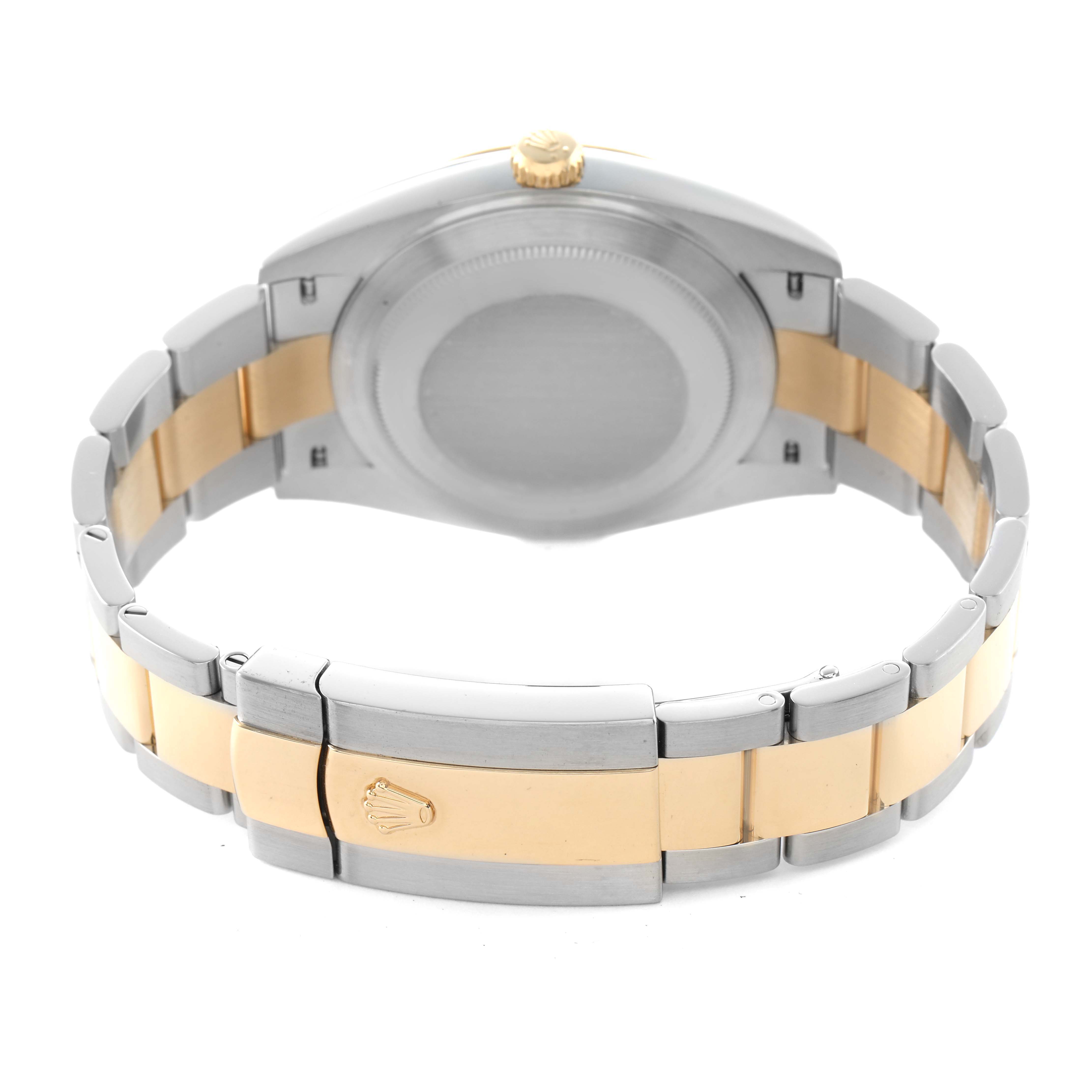 This image shows the back of a Rolex Datejust 41 126333 Men's Steel and Gold (two tone) Black Dial, highlighting the clasp and bracelet in a two-tone silver and gold finish.