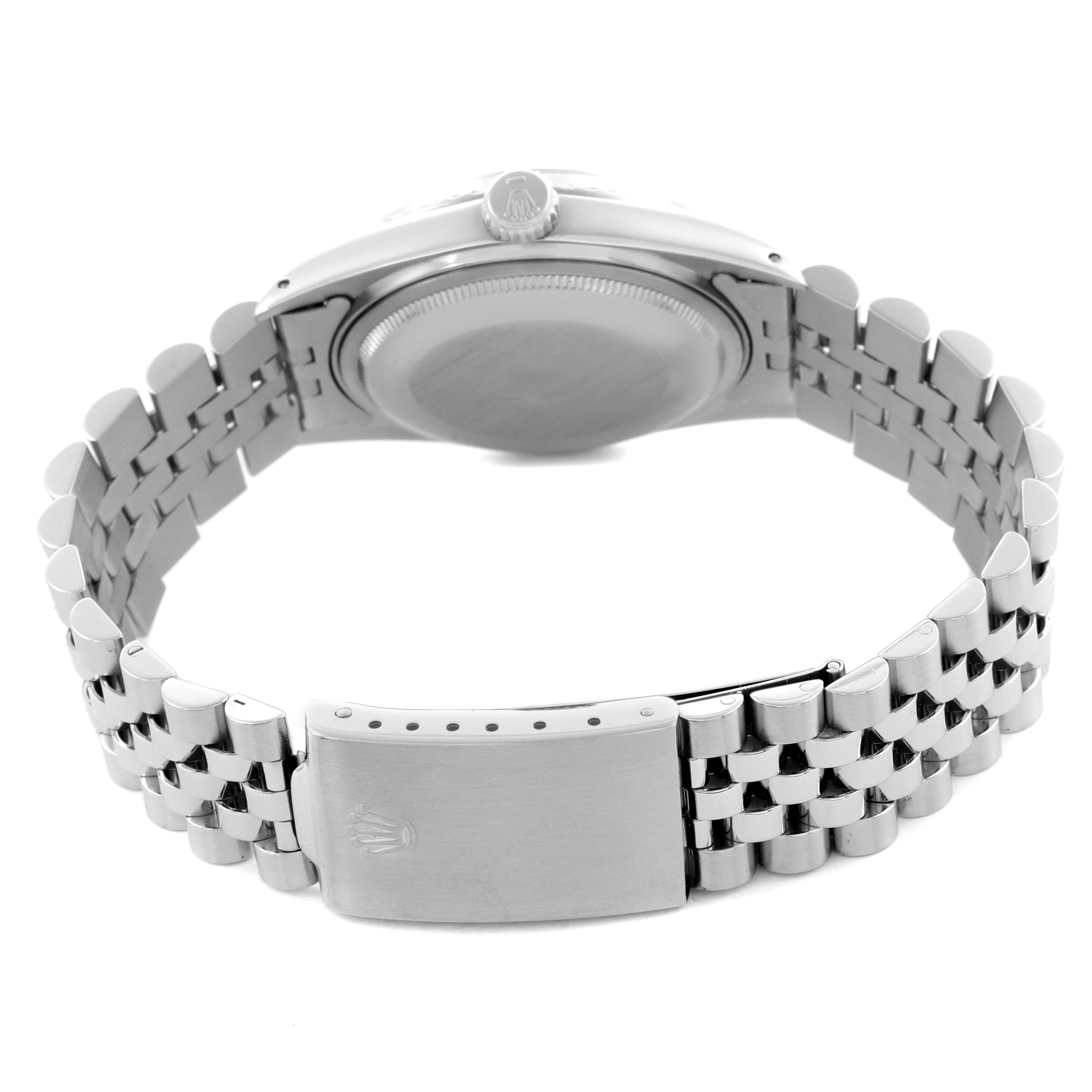 The image shows the back and side view of the Rolex Vintage Collection 1603 Men's Stainless Steel Champagne Dial 1603 Men's Stainless Steel Champagne Dial watch, highlighting the bracelet and clasp.