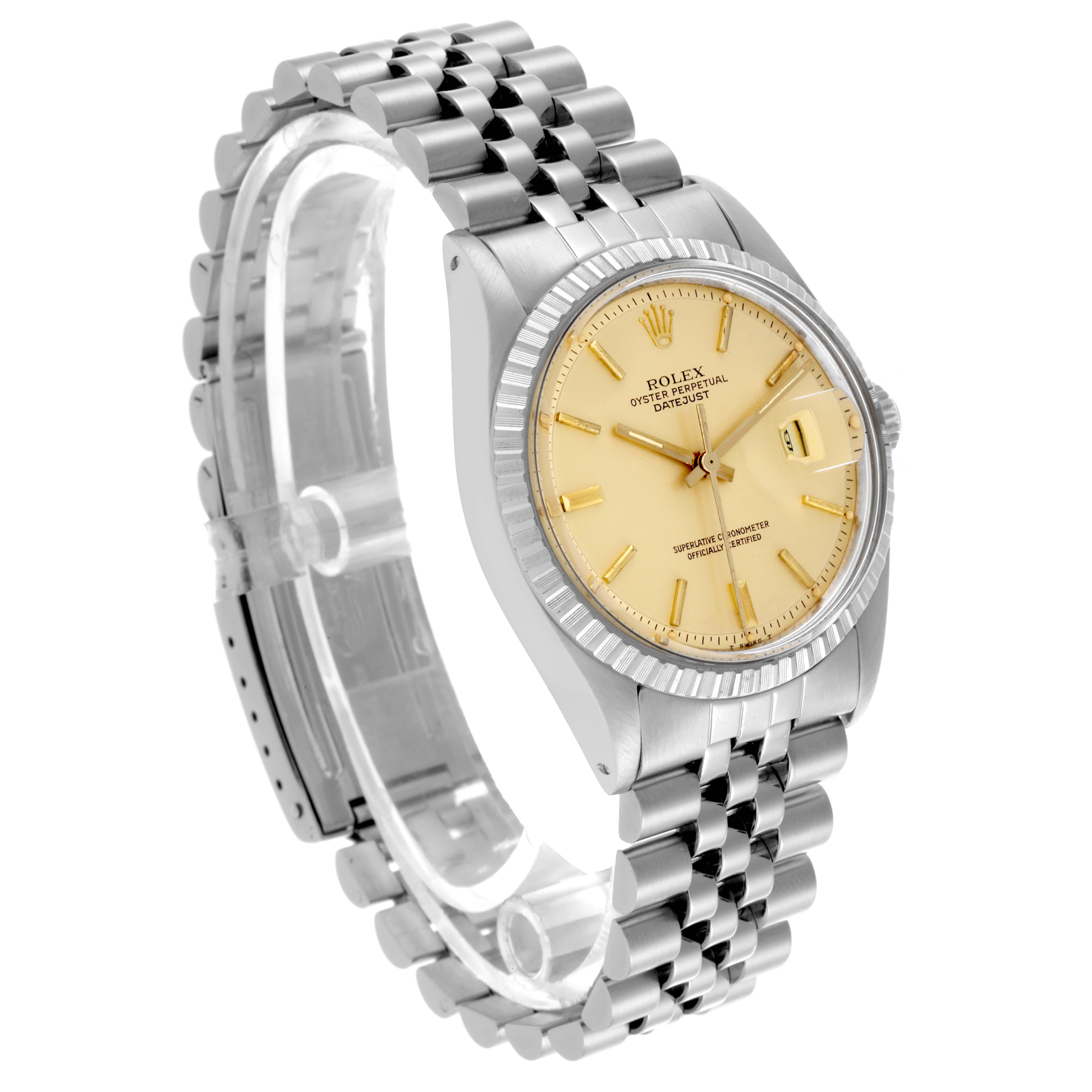 The Rolex Vintage Collection 1603 Men's Stainless Steel Champagne Dial 1603 Men's Stainless Steel Champagne Dial watch is shown from a three-quarter angle, displaying the dial, bezel, and bracelet.