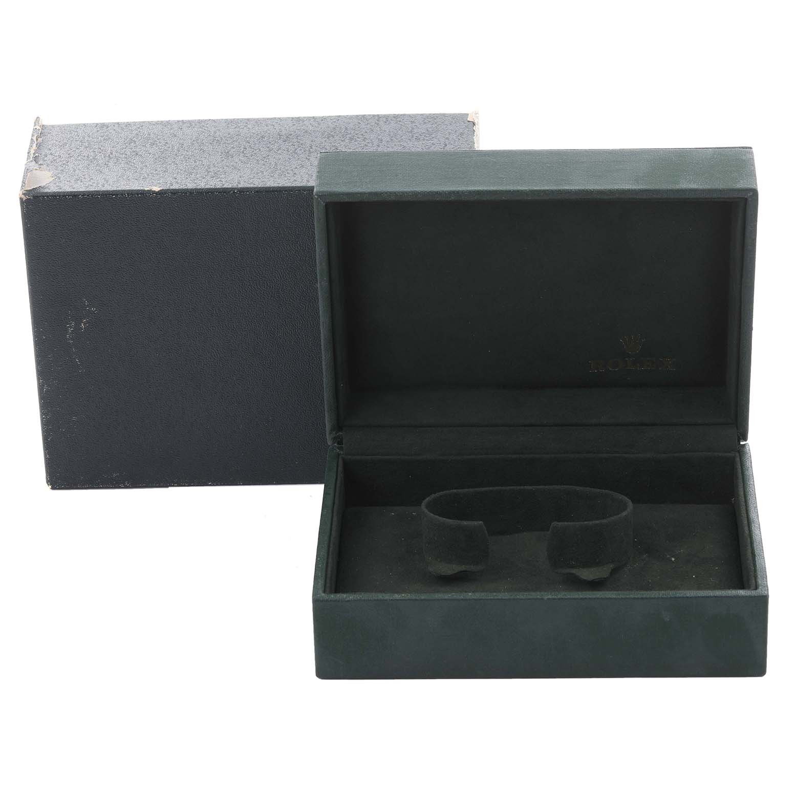 The image shows an open Rolex Vintage Collection 1603 Men's Stainless Steel Champagne Dial 1603 Men's Stainless Steel Champagne Dial watch box with an exterior box nearby.