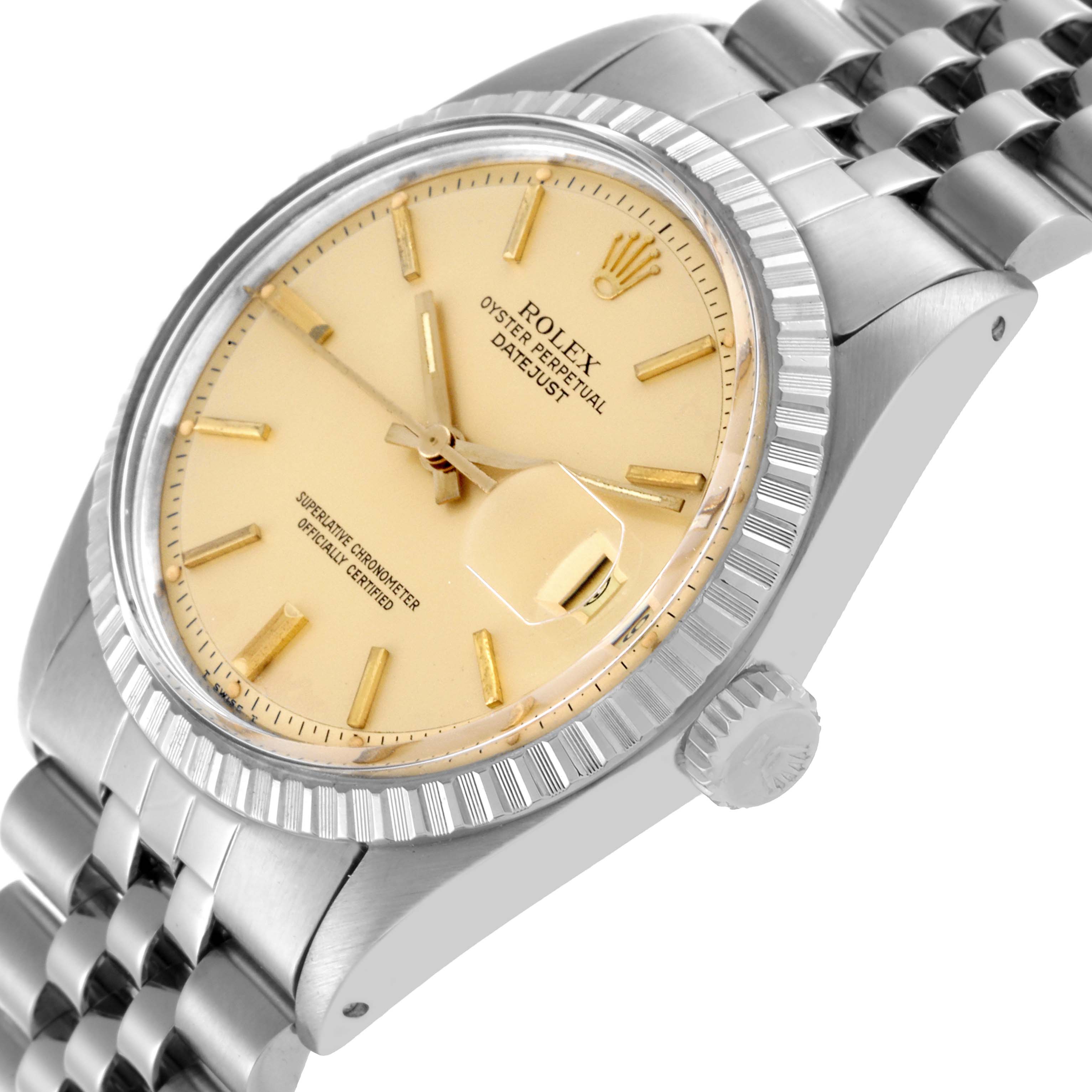 The Rolex Vintage Collection 1603 Men's Stainless Steel Champagne Dial 1603 Men's Stainless Steel Champagne Dial watch is shown from an angled view, highlighting the face, bezel, and part of the bracelet.