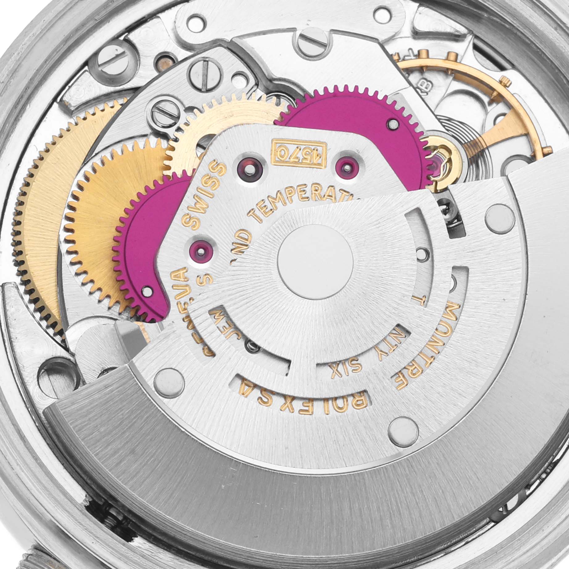 This image depicts the intricate movement of a Rolex Vintage Collection 1603 Men's Stainless Steel Champagne Dial 1603 Men's Stainless Steel Champagne Dial watch from a close-up angle.