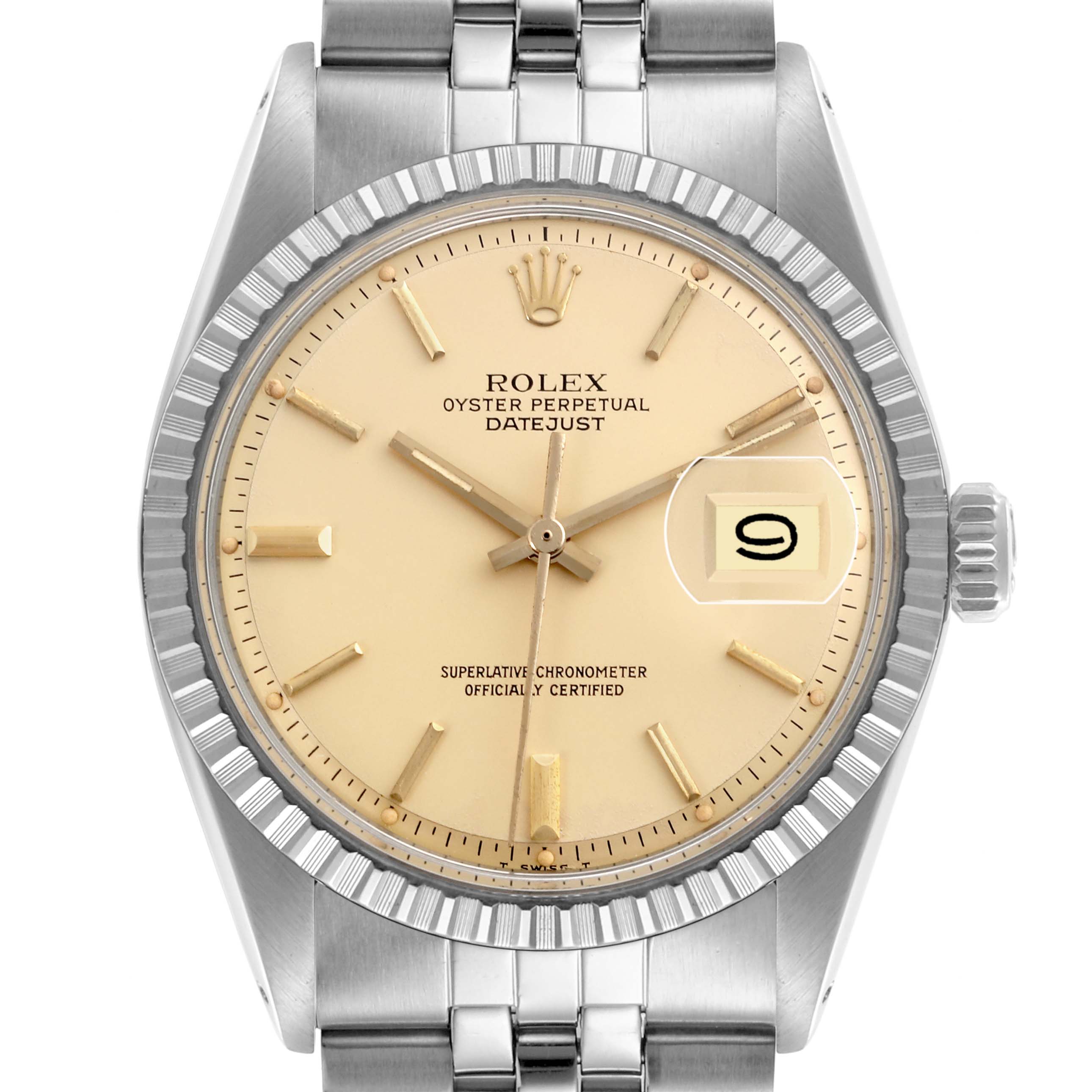The Rolex Vintage Collection 1603 Men's Stainless Steel Champagne Dial 1603 Men's Stainless Steel Champagne Dial watch is shown front-facing, displaying the dial, date, crown, and part of the bracelet.
