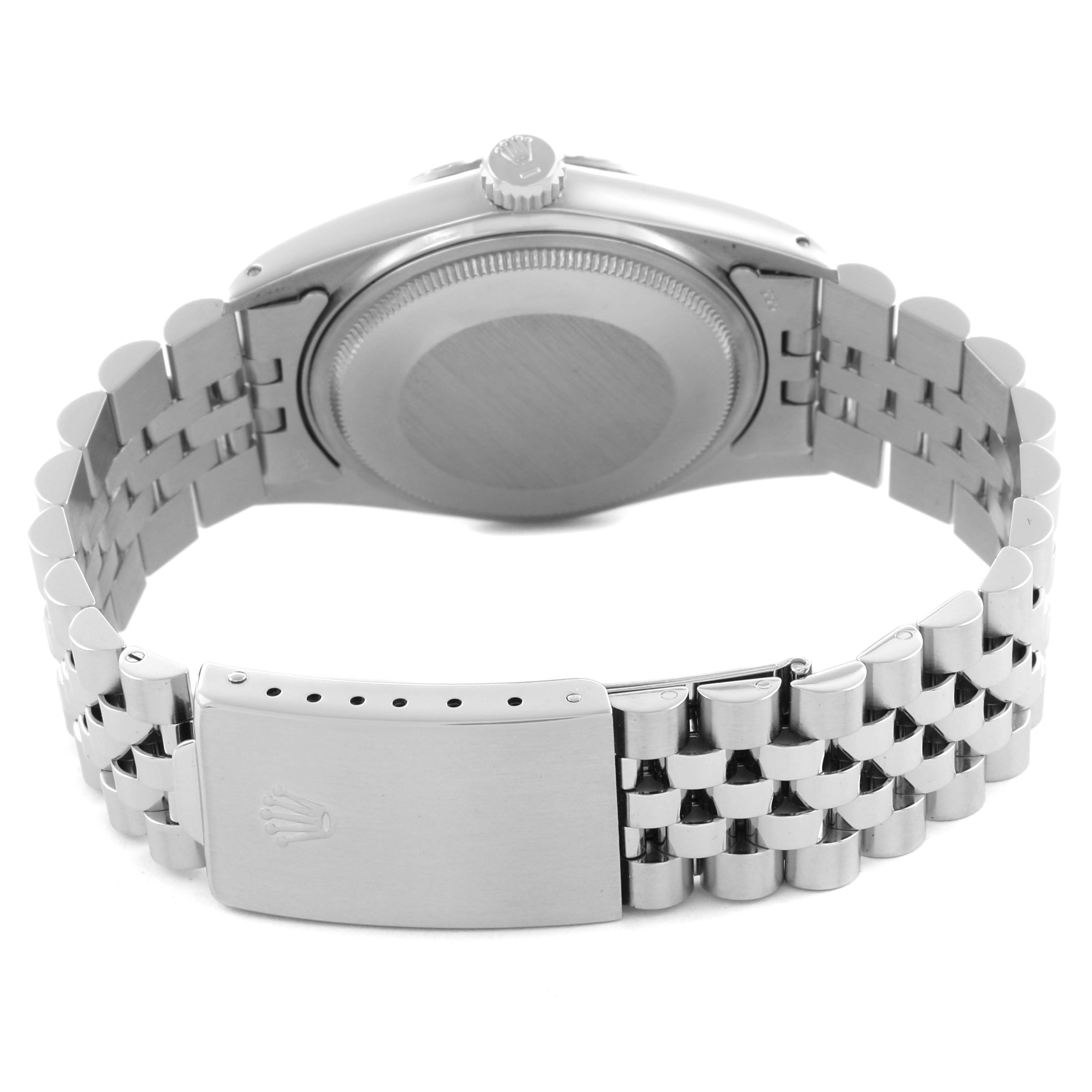 The image shows the back case and bracelet clasp of the Rolex Vintage Collection 16030 Men's Stainless Steel Silver Dial 16030 Men's Stainless Steel Silver Dial watch, viewed from behind.