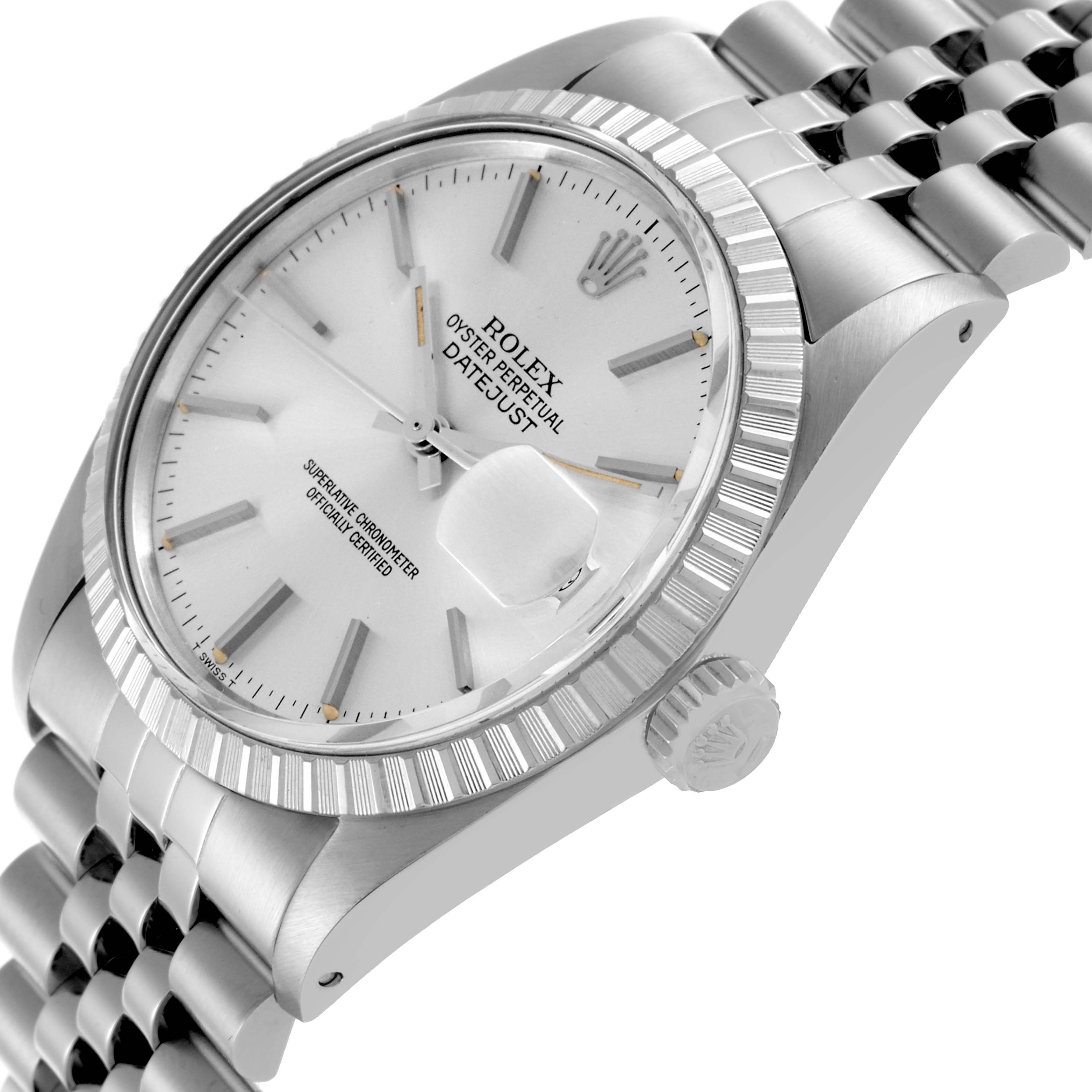 The Rolex Vintage Collection 16030 Men's Stainless Steel Silver Dial 16030 Men's Stainless Steel Silver Dial watch is shown from a side angle, displaying the face, bezel, crown, and part of the band.