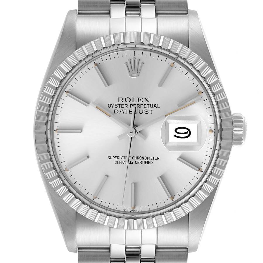 The Rolex Vintage Collection watch is shown from the front, displaying the full face, bezel, crown, and part of the bracelet.