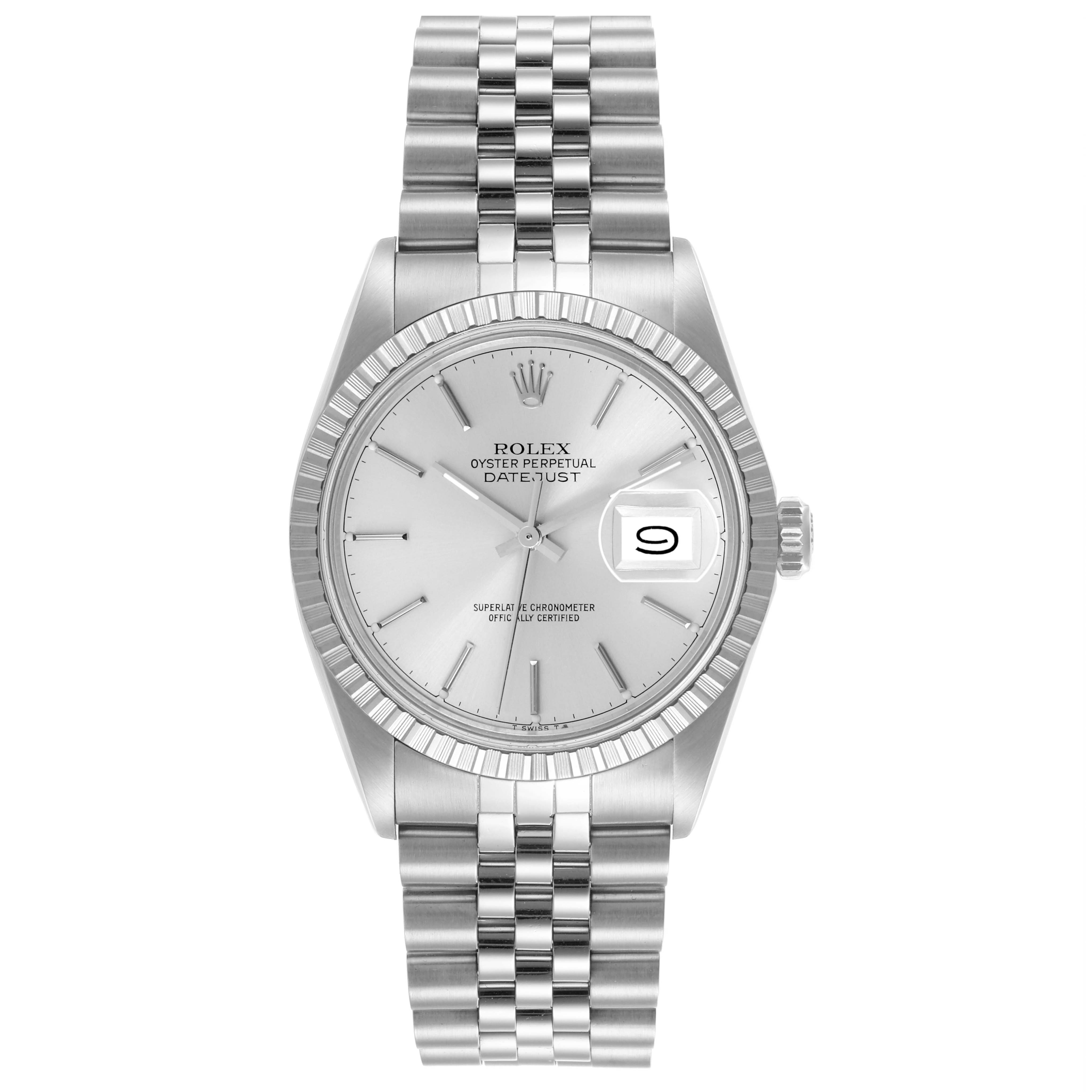 The Rolex Vintage Collection 16030 Men's Stainless Steel Silver Dial 16030 Men's Stainless Steel Silver Dial watch is shown from a top view, displaying the face, bezel, and full bracelet.