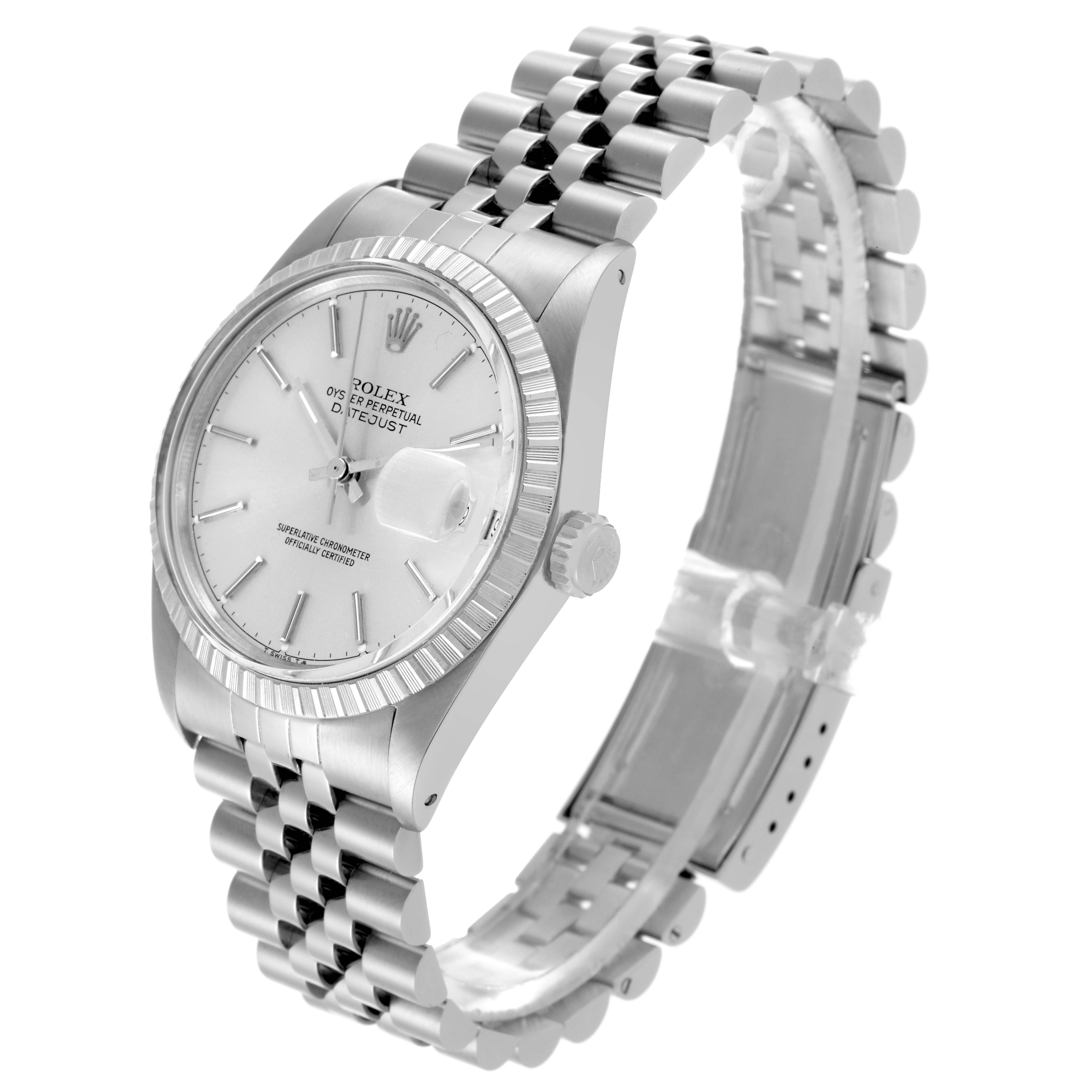 The Vintage Collection Rolex watch is shown from a side angle, highlighting the face, bezel, crown, and bracelet.