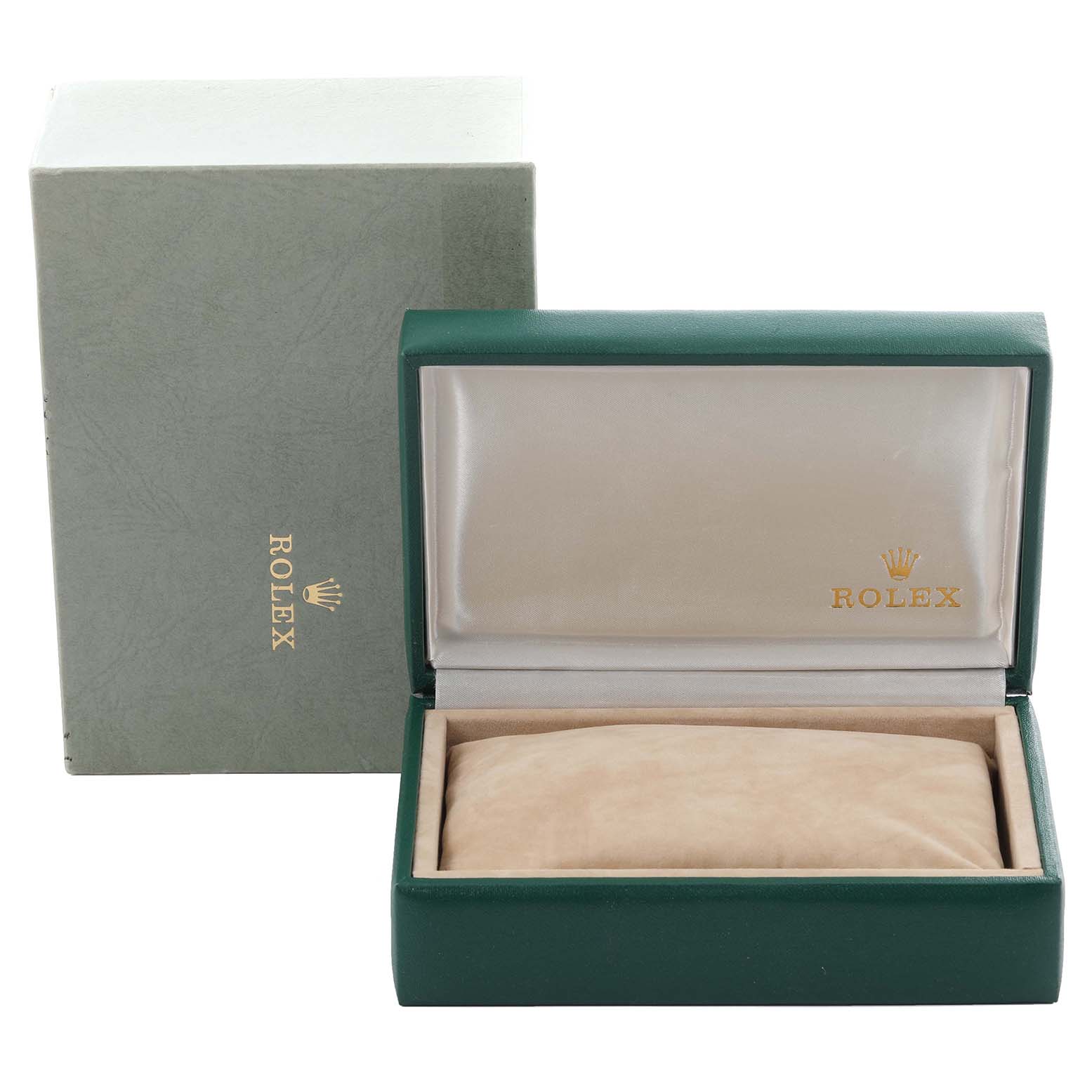 The image shows an angled view of an empty Rolex Vintage Collection 16030 Men's Stainless Steel Silver Dial 16030 Men's Stainless Steel Silver Dial watch box and its outer box.