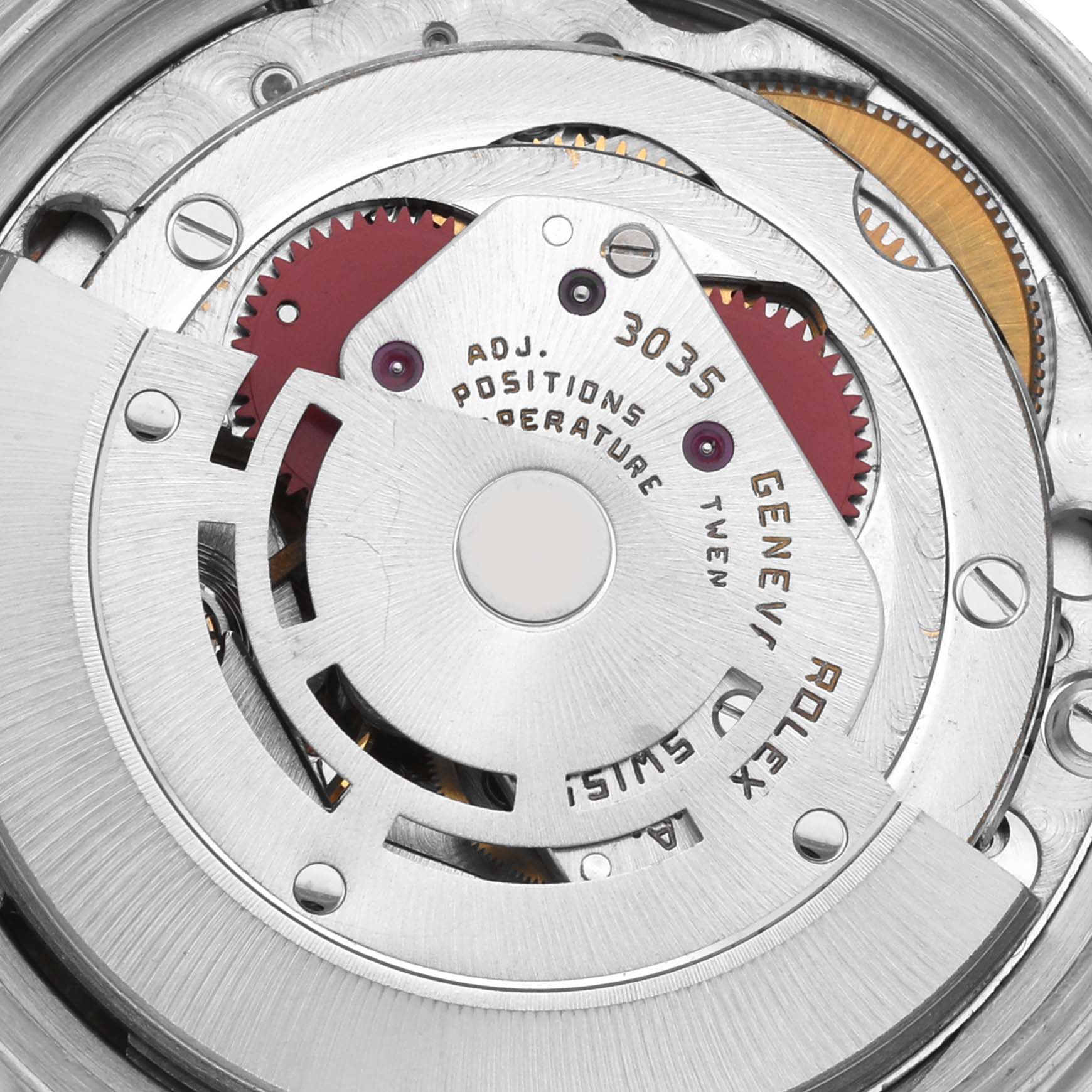 This is a close-up of the Rolex Vintage Collection 16030 Men's Stainless Steel Silver Dial 16030 Men's Stainless Steel Silver Dial watch movement, showing its complex gears and mechanics.