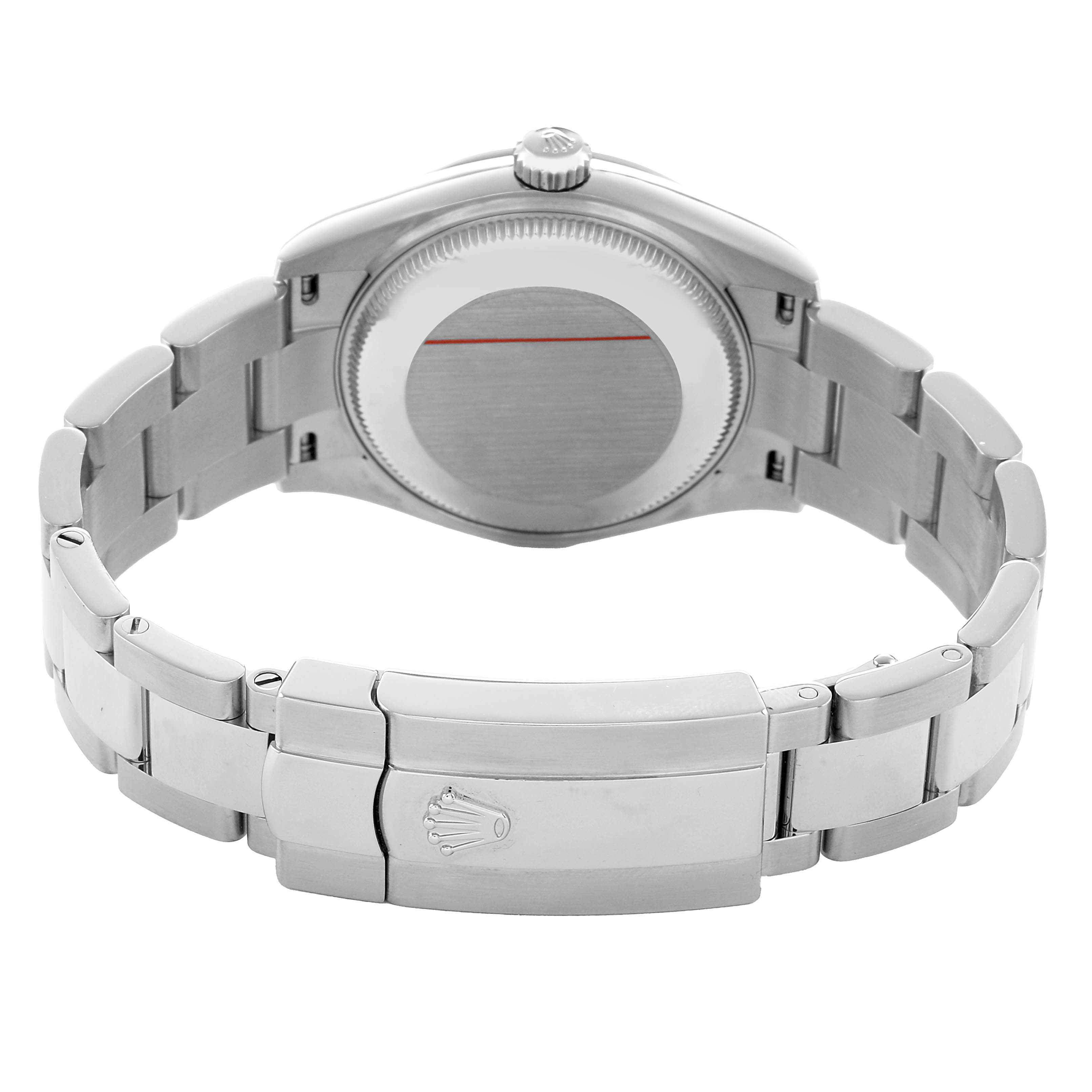 The image shows the back view of a Rolex Mid-Size 278240 Women's Stainless Steel Blue Dial watch, highlighting the case back and metal bracelet with the Rolex logo on the clasp.