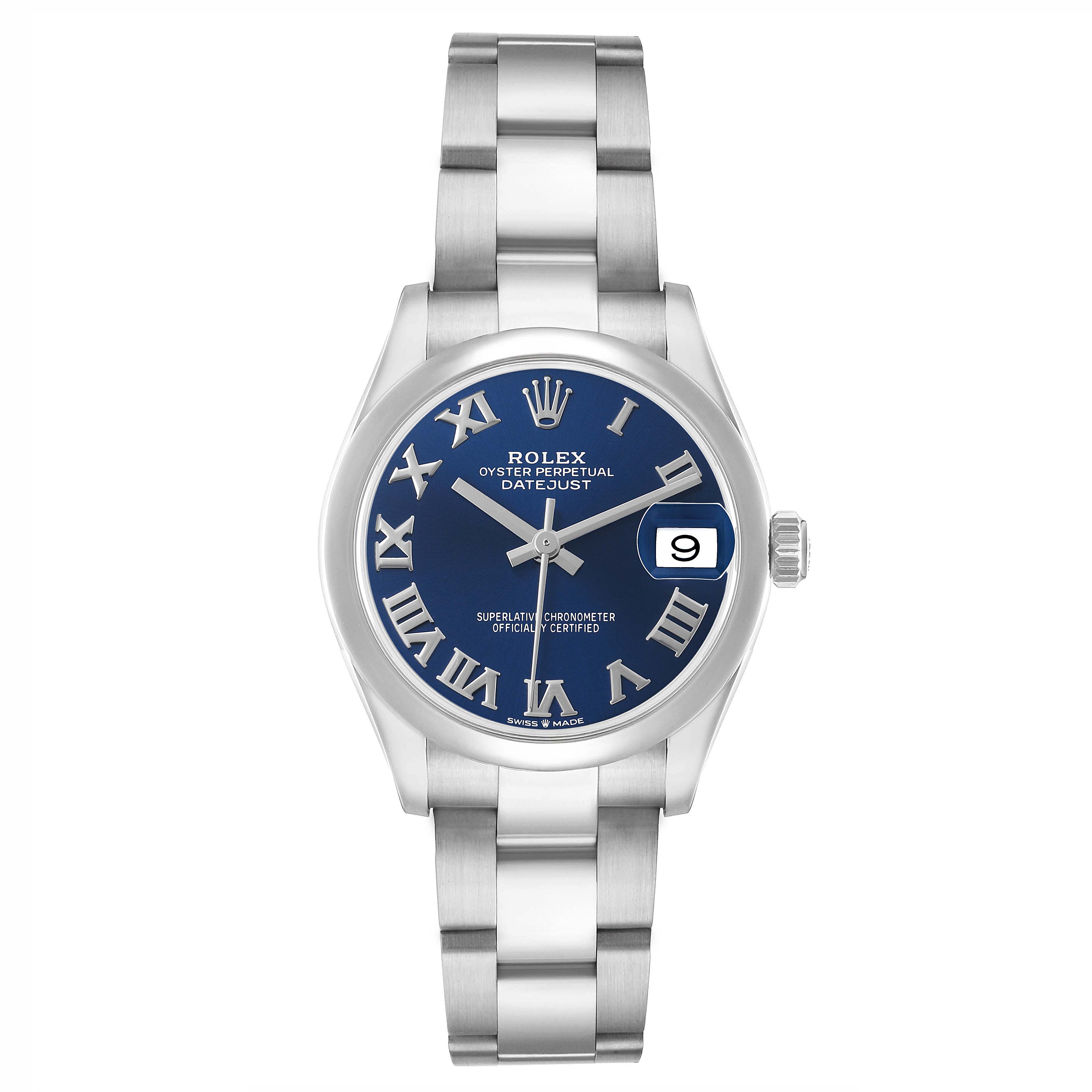 The image shows a Rolex Oyster Perpetual Datejust Mid-Size watch from a top-down angle, highlighting the dial, bracelet, and crown.