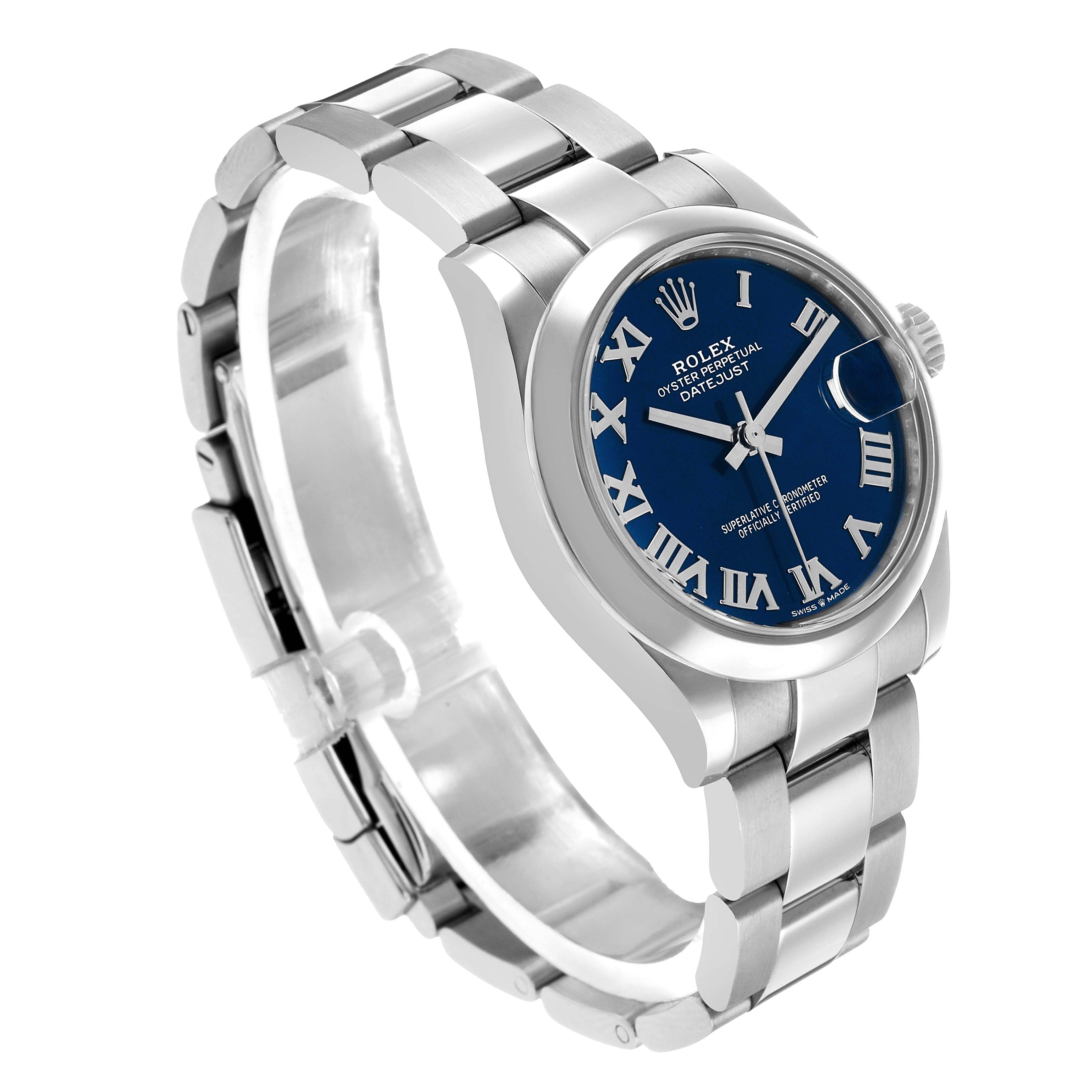 The Rolex Mid-Size 278240 Women's Stainless Steel Blue Dial watch is shown at a three-quarter angle, displaying its face, bracelet, and crown.