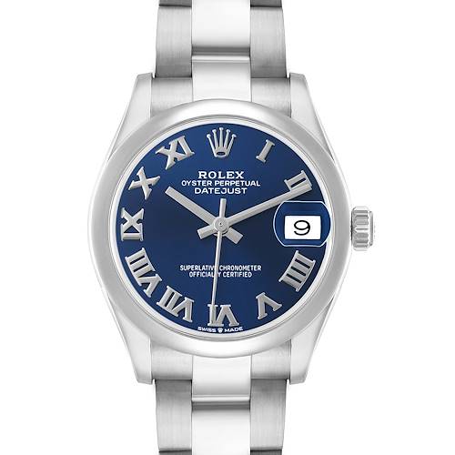 The image shows a front view of a Rolex Datejust Mid-Size model, highlighting the dial, hands, date window, and bracelet.