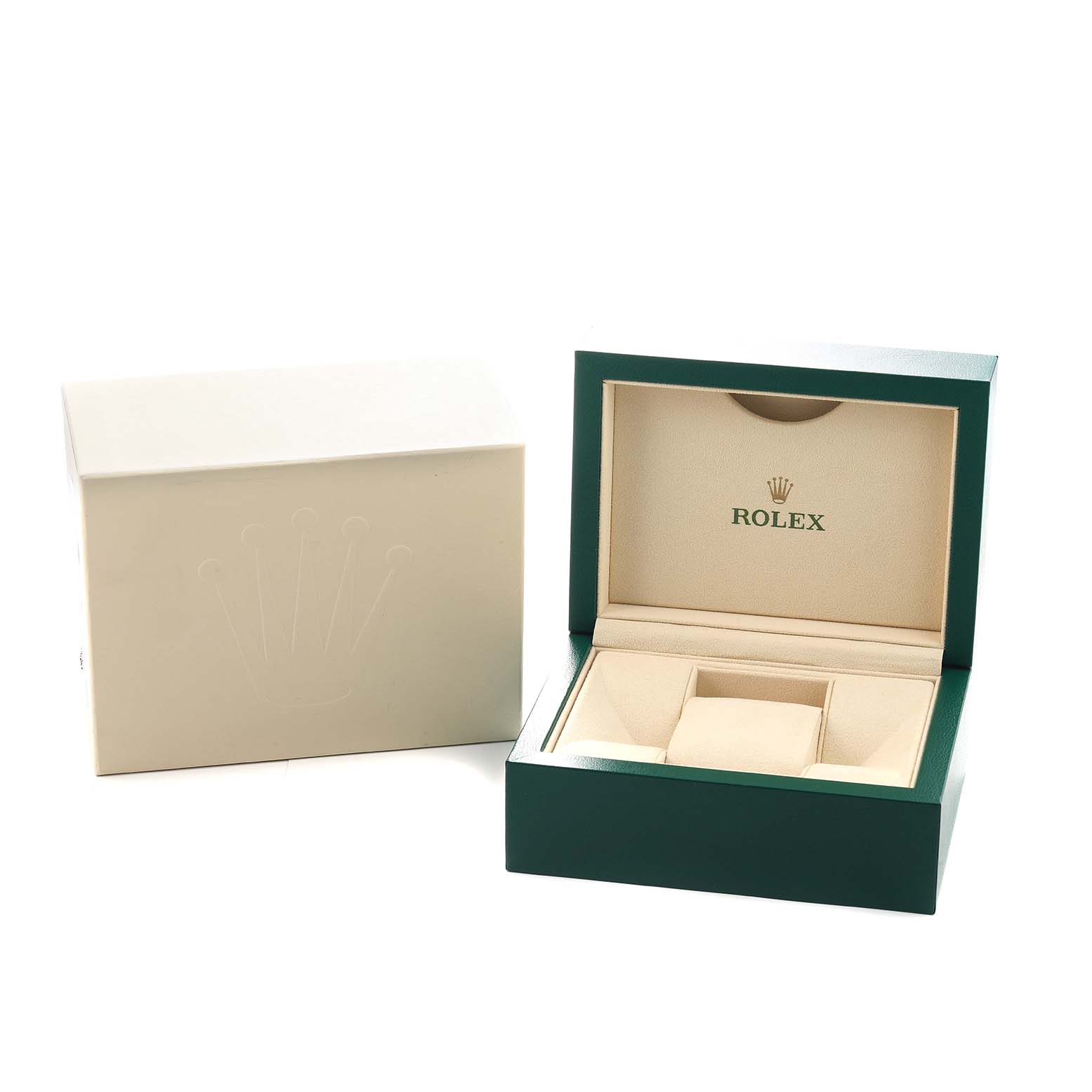 The image shows an open Rolex mid-size model watch box next to its outer cover, both at a slight angle.