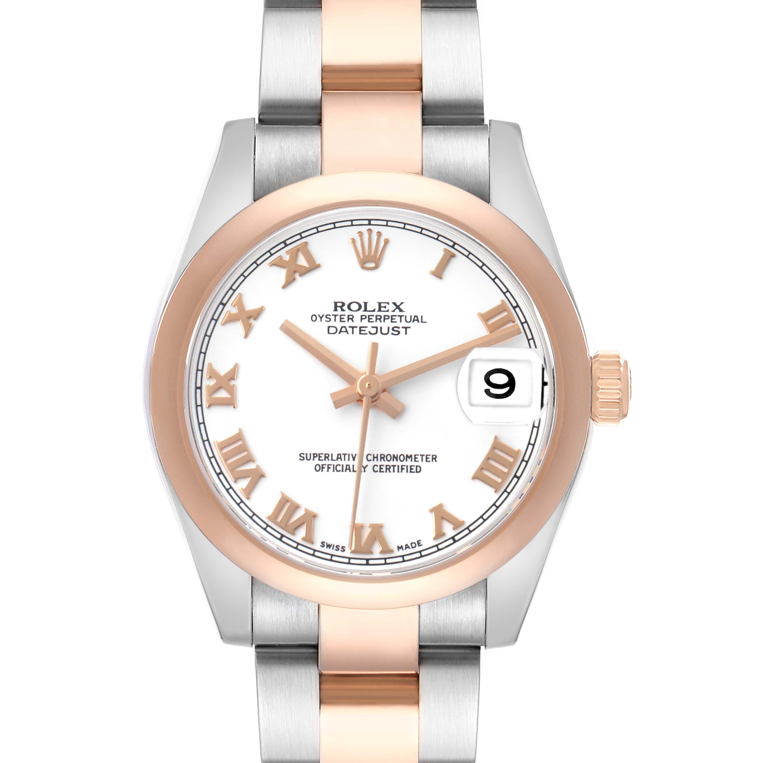 The Rolex Mid-Size 178241 Women's Steel and Gold (two tone) White Dial Datejust watch is shown from the front, highlighting the dial, bezel, and bracelet.
