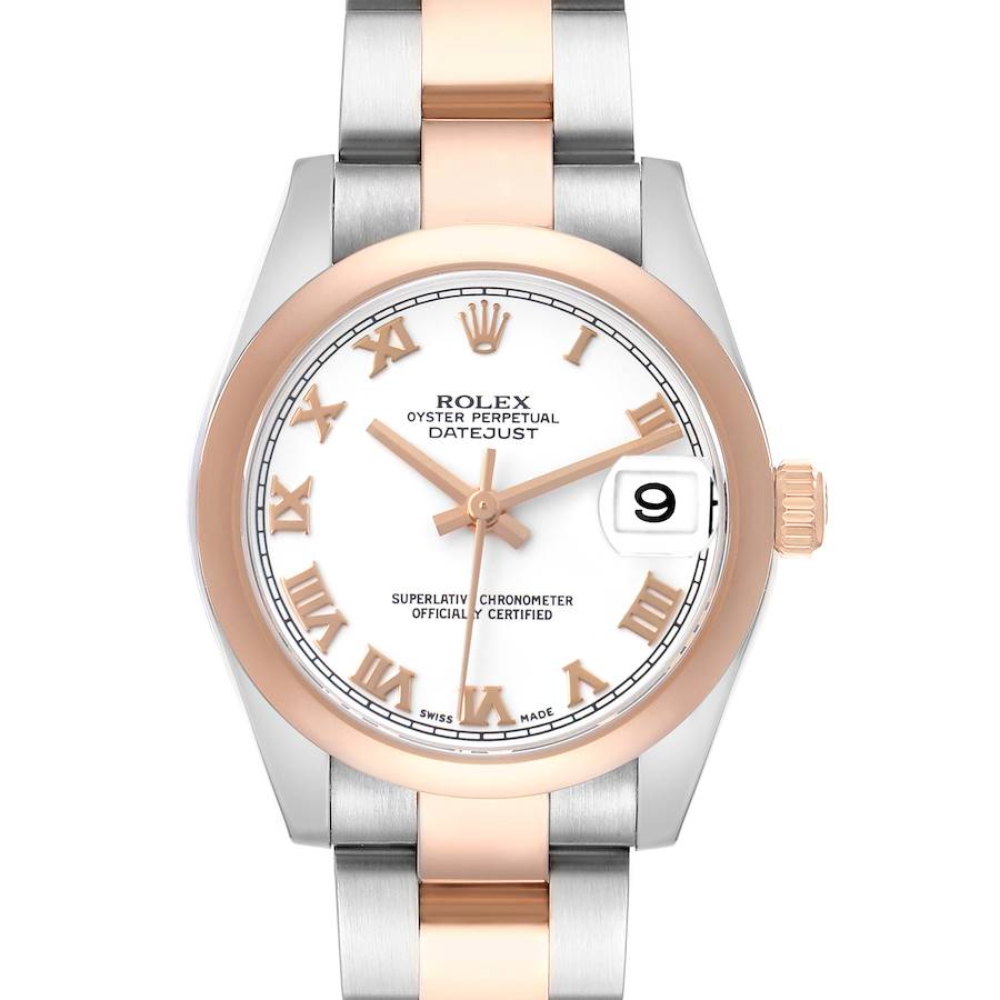 The Rolex Mid-Size 178241 Women's Steel and Gold (two tone) White Dial Datejust watch is shown from the front, highlighting the dial, bezel, and bracelet.