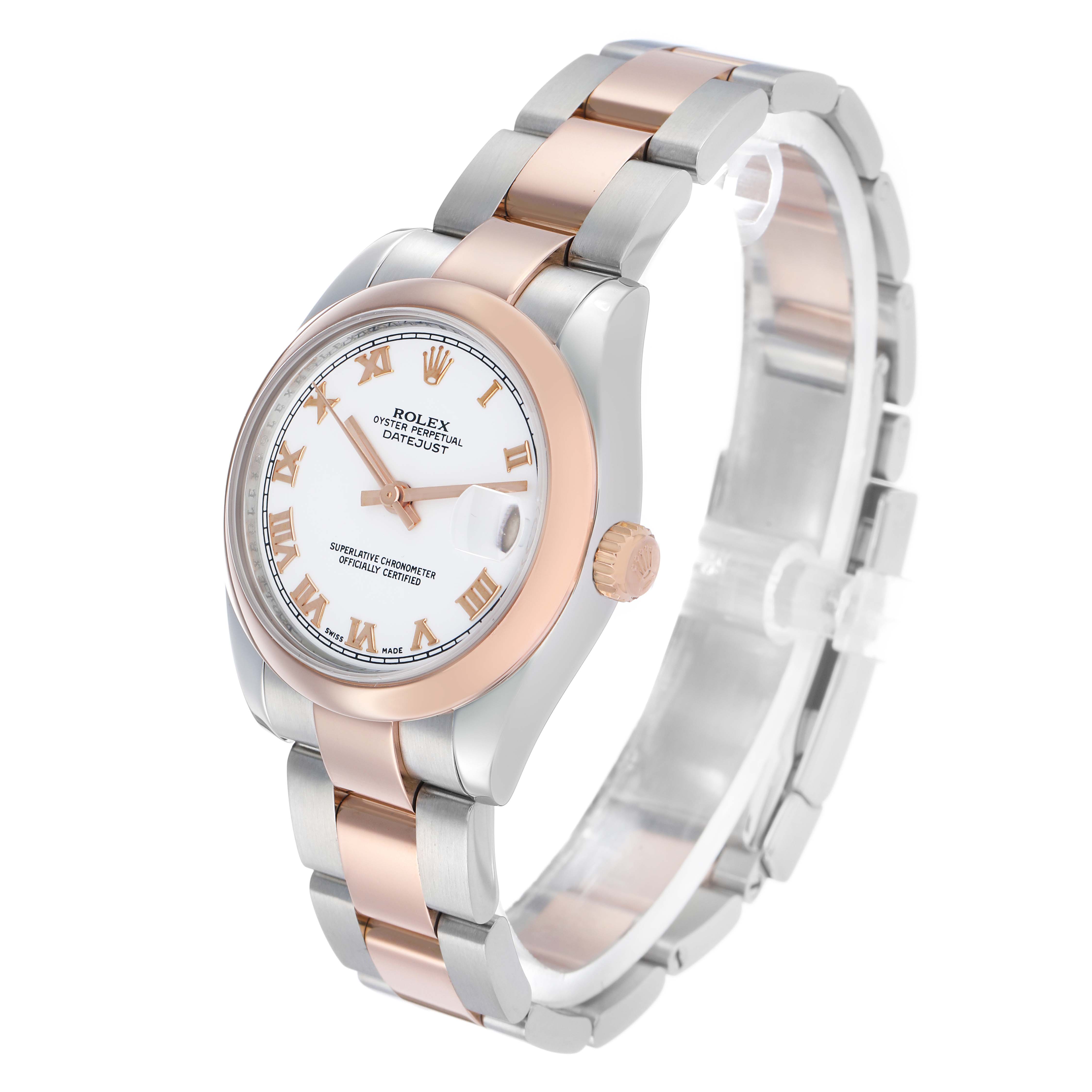 The Rolex Mid-Size 178241 Women's Steel and Gold (two tone) White Dial watch is shown at a three-quarter angle, highlighting the dial, bezel, bracelet, and crown.