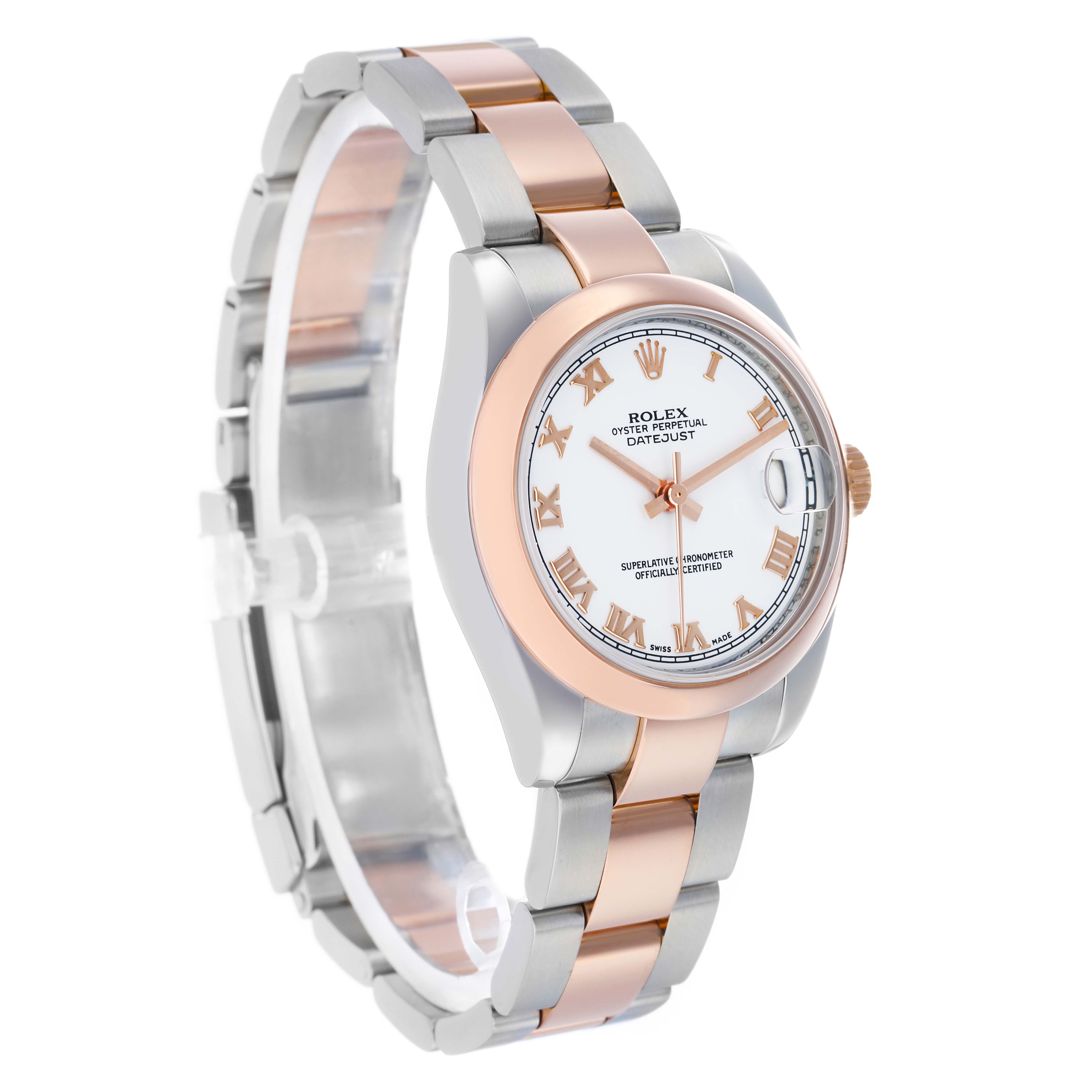 The Rolex Datejust Mid-Size is shown at a three-quarter angle, displaying the face, bezel, and part of the two-tone bracelet.