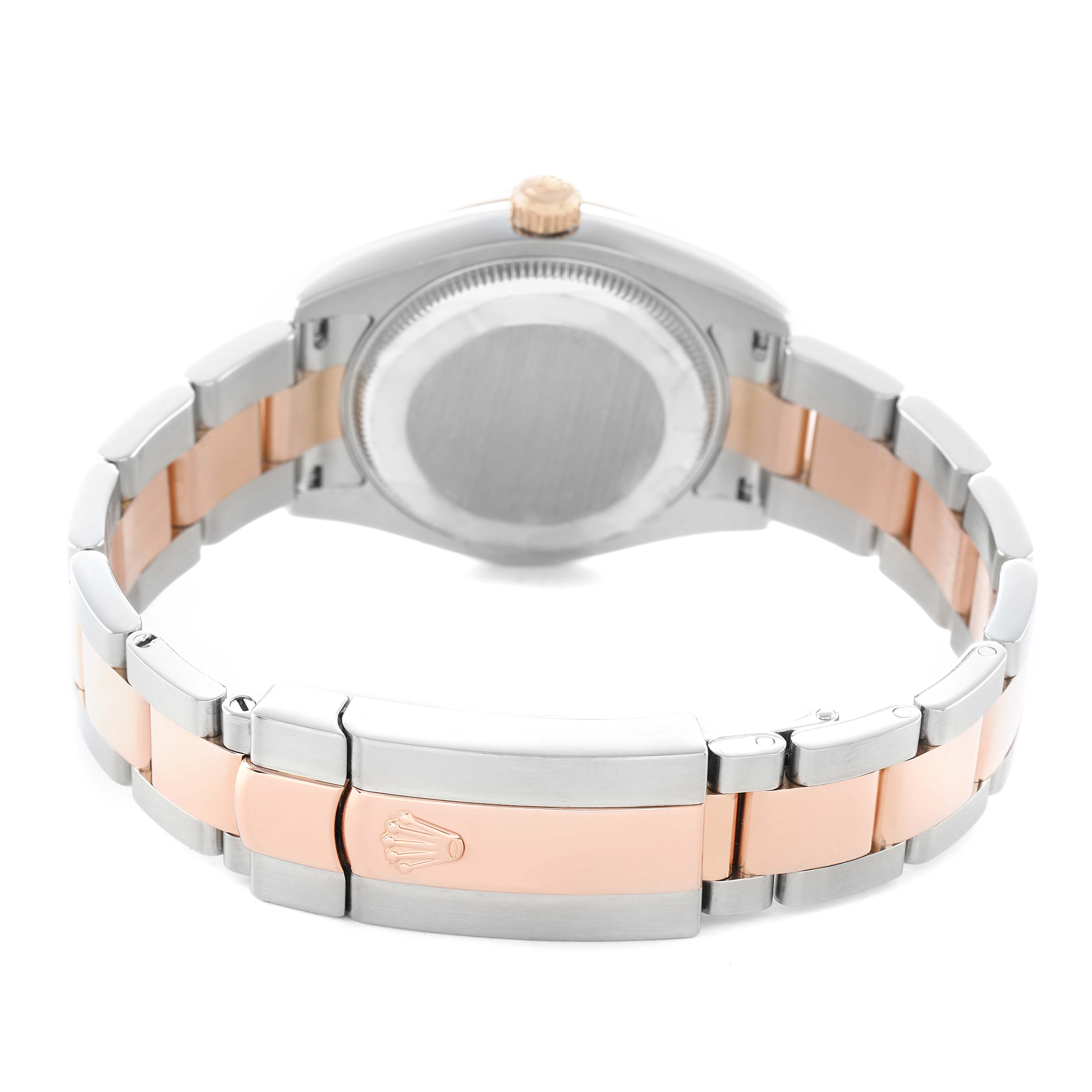 The image shows the back of a Rolex Mid-Size 178241 Women's Steel and Gold (two tone) White Dial watch, including the case back and two-tone bracelet.