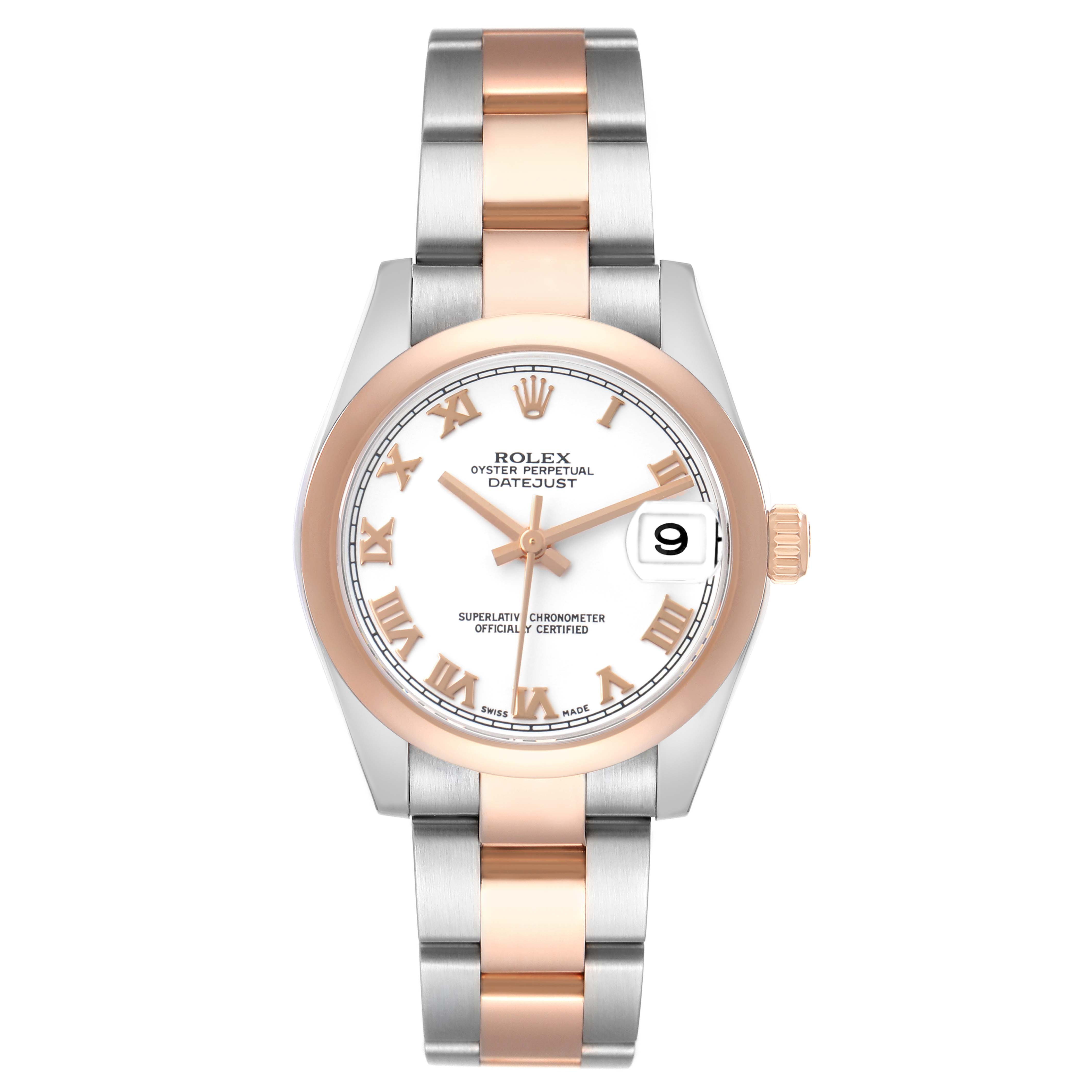 The Rolex Datejust Mid-Size watch is shown from a top angle, displaying its rose gold bezel, two-tone bracelet, and white dial.