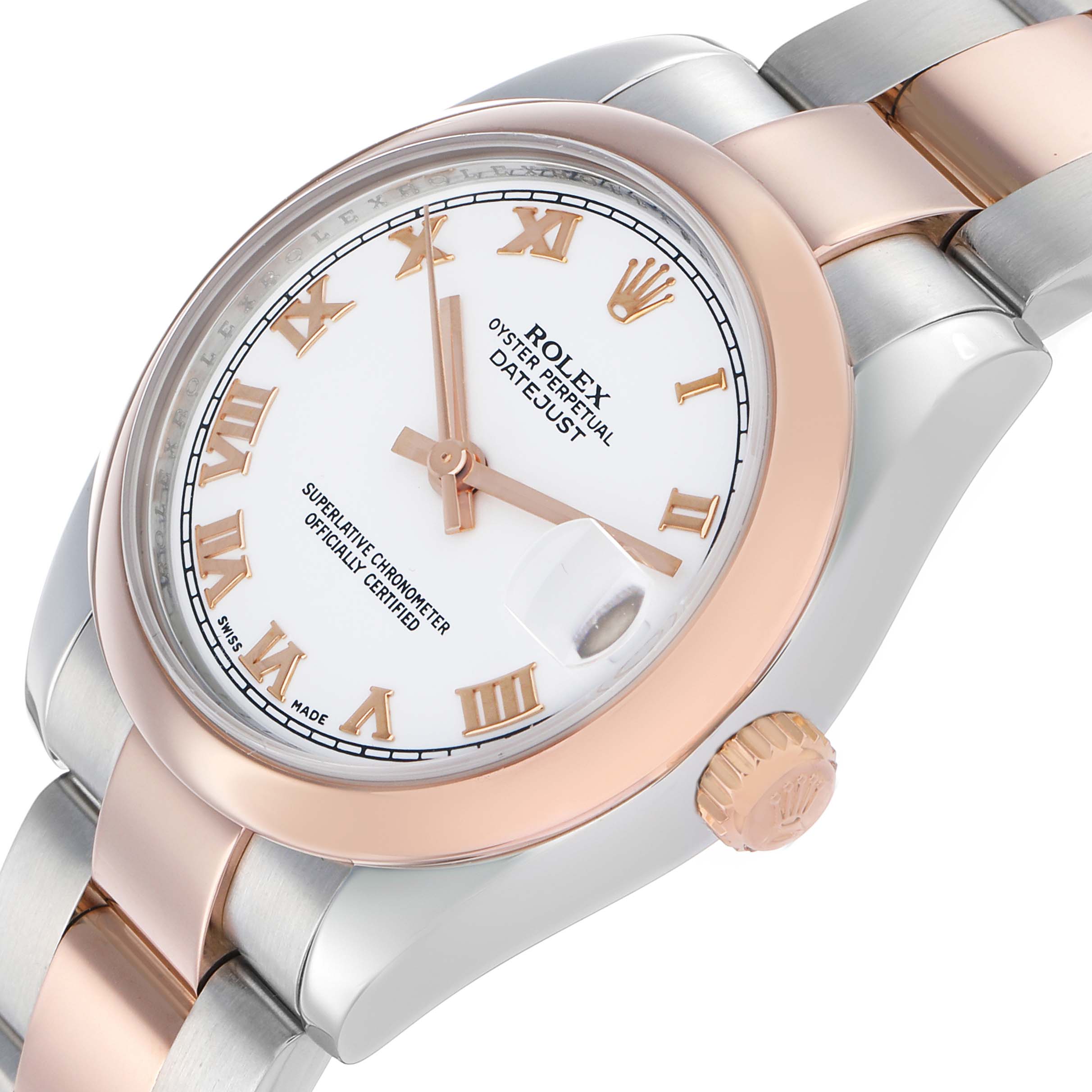 The Rolex Datejust Mid-Size watch is shown at an angle displaying the face, bezel, crown, and part of the bracelet.