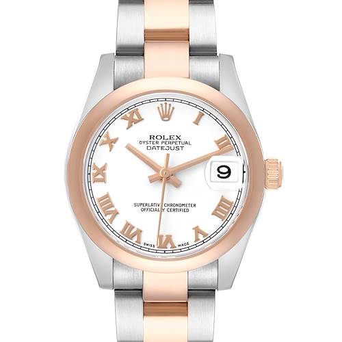The Rolex Mid-Size 178241 Women's Steel and Gold (two tone) White Dial Datejust watch is shown from the front, displaying the dial, bezel, hands, and part of the bracelet.