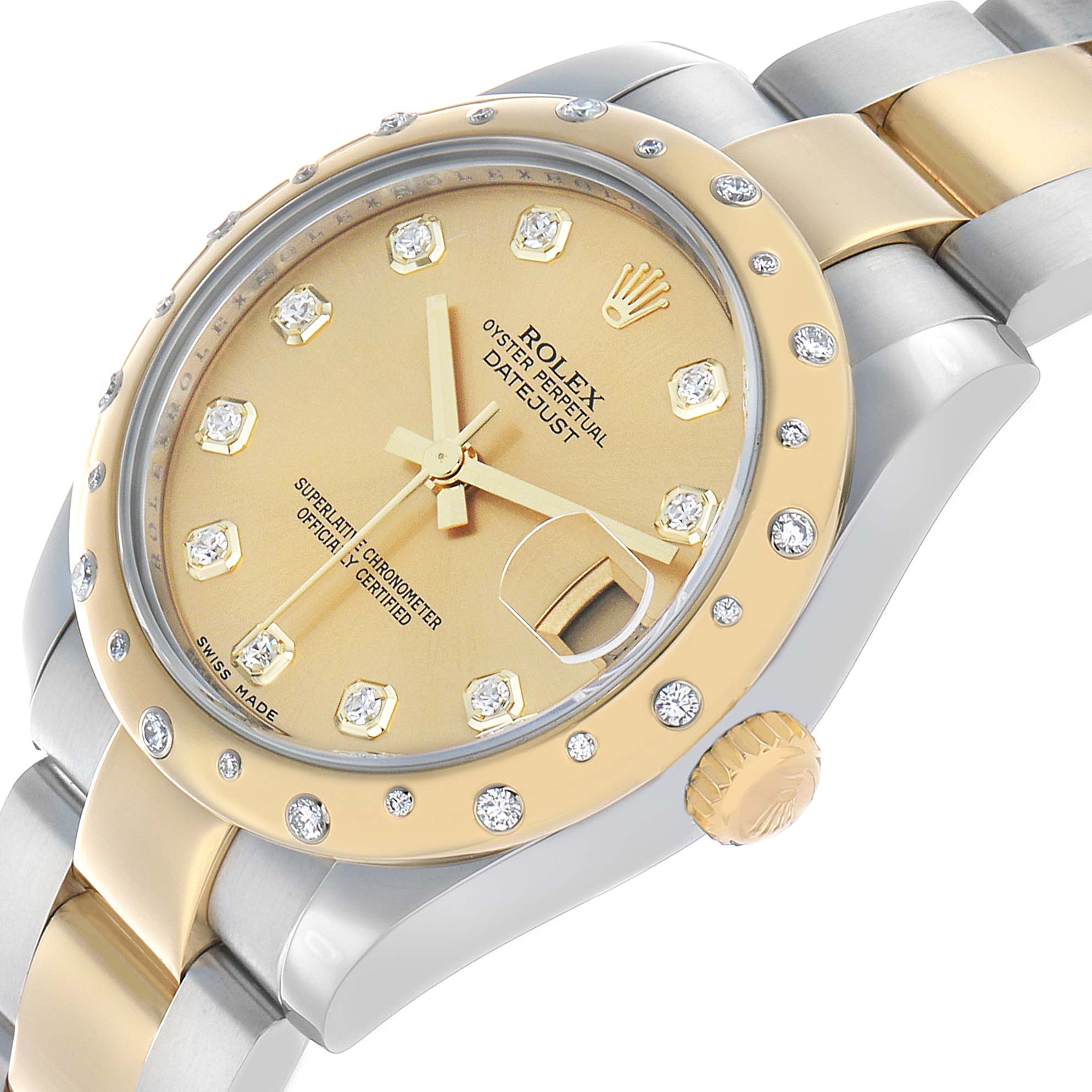 The Rolex Mid-Size 178343 Women's Steel and Gold (two tone) Champagne Dial watch is shown at an angle highlighting the bezel, crown, dial, and part of the bracelet.
