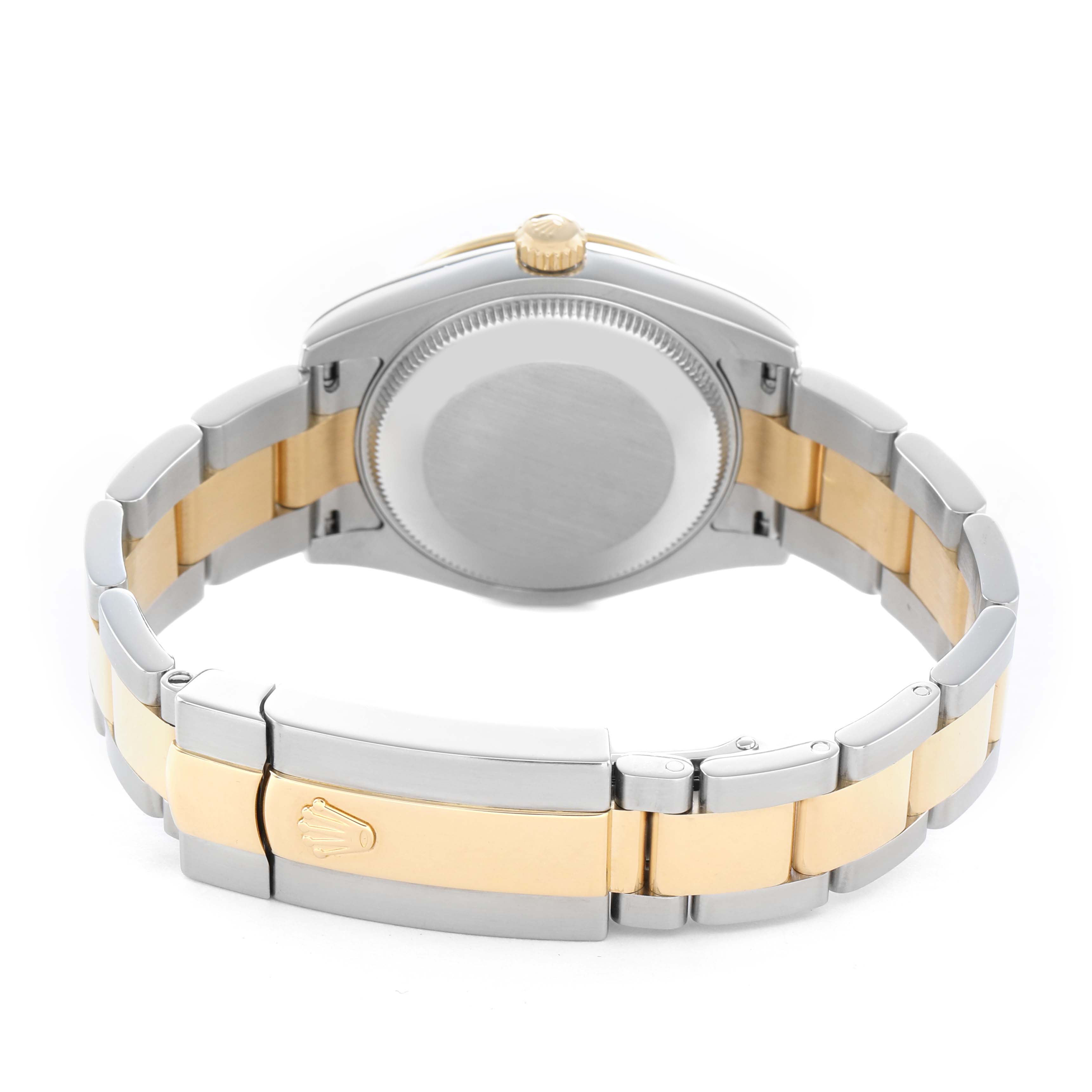 The image shows the back of a Rolex Mid-Size 178343 Women's Steel and Gold (two tone) Champagne Dial model, highlighting the case, bracelet, and clasp from a rear angle.