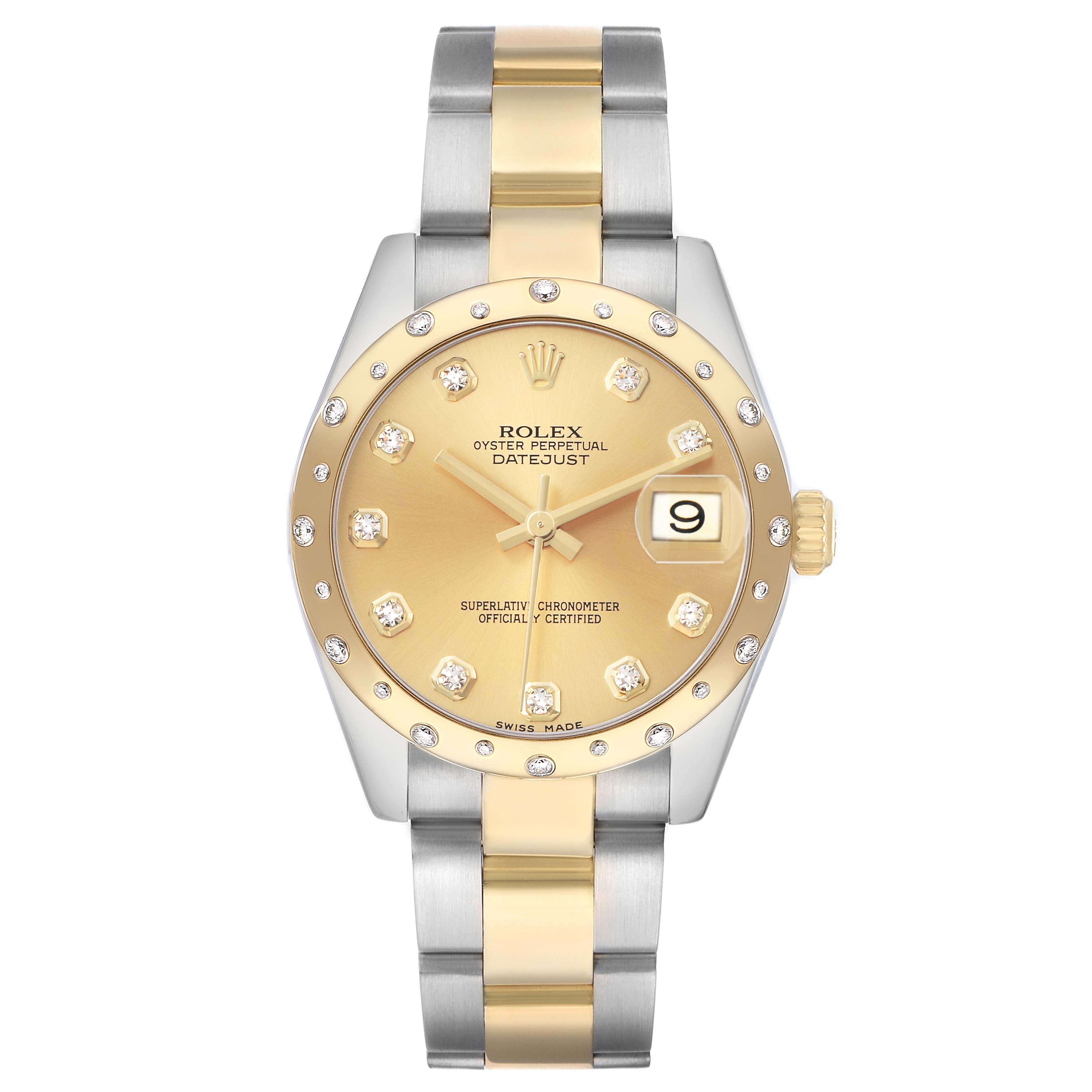 The Rolex Datejust Mid-Size is shown from a top-down angle, highlighting its two-tone bracelet, gold dial, and date window.
