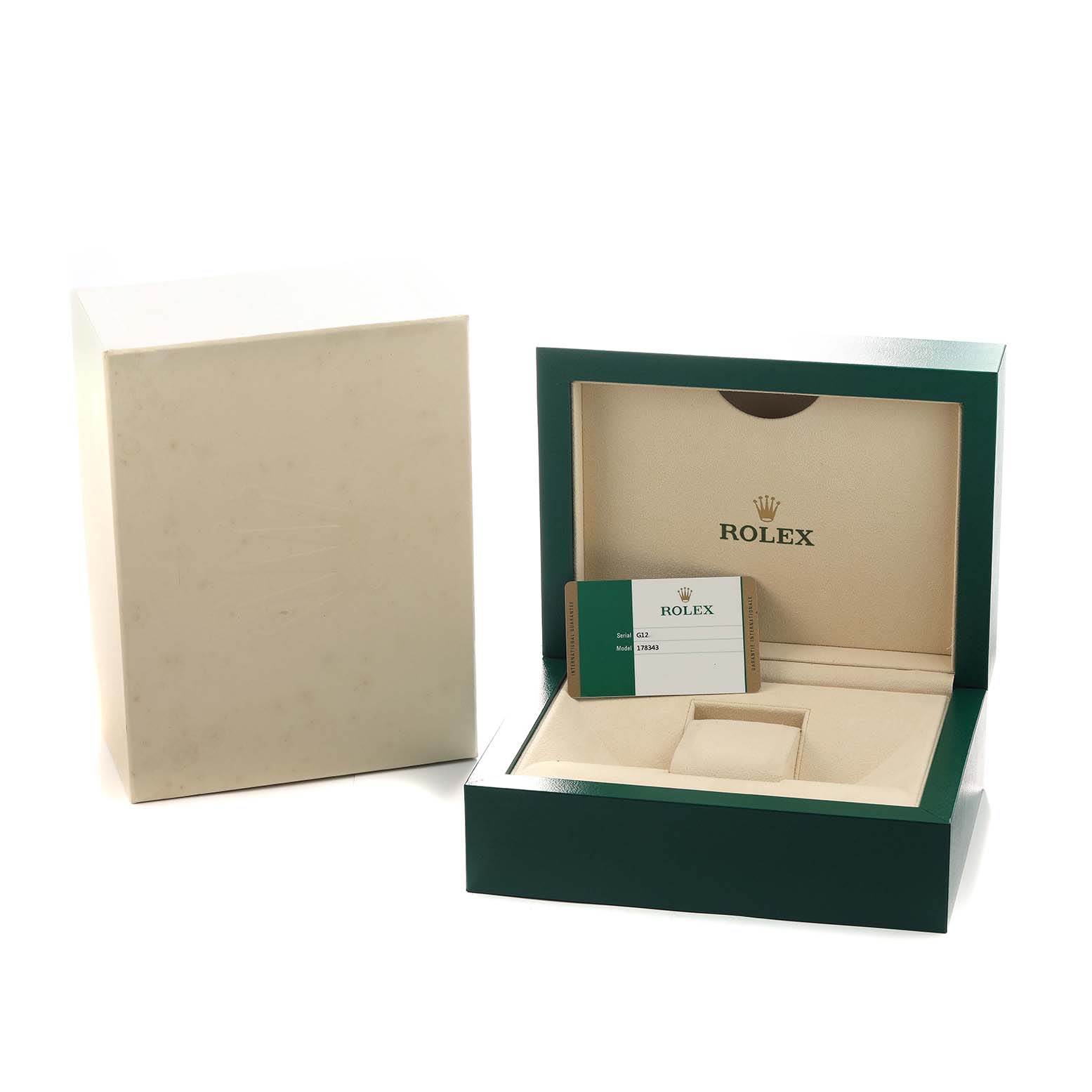 The image shows the open packaging and warranty card for a Rolex Mid-Size 178343 Women's Steel and Gold (two tone) Champagne Dial model watch, without the watch itself.