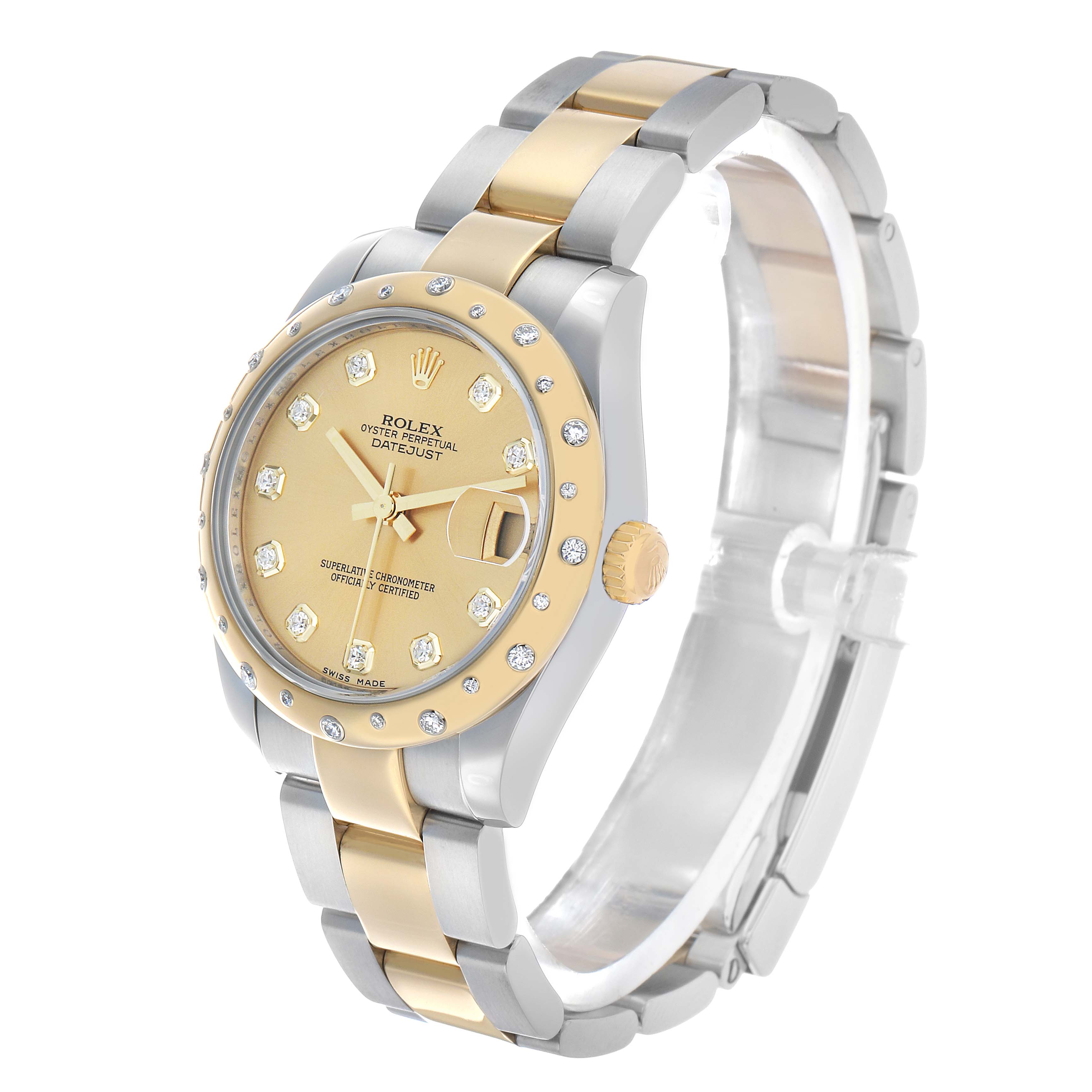 The Rolex Mid-Size 178343 Women's Steel and Gold (two tone) Champagne Dial is shown at a three-quarter angle, highlighting the face, bezel, crown, and bracelet.