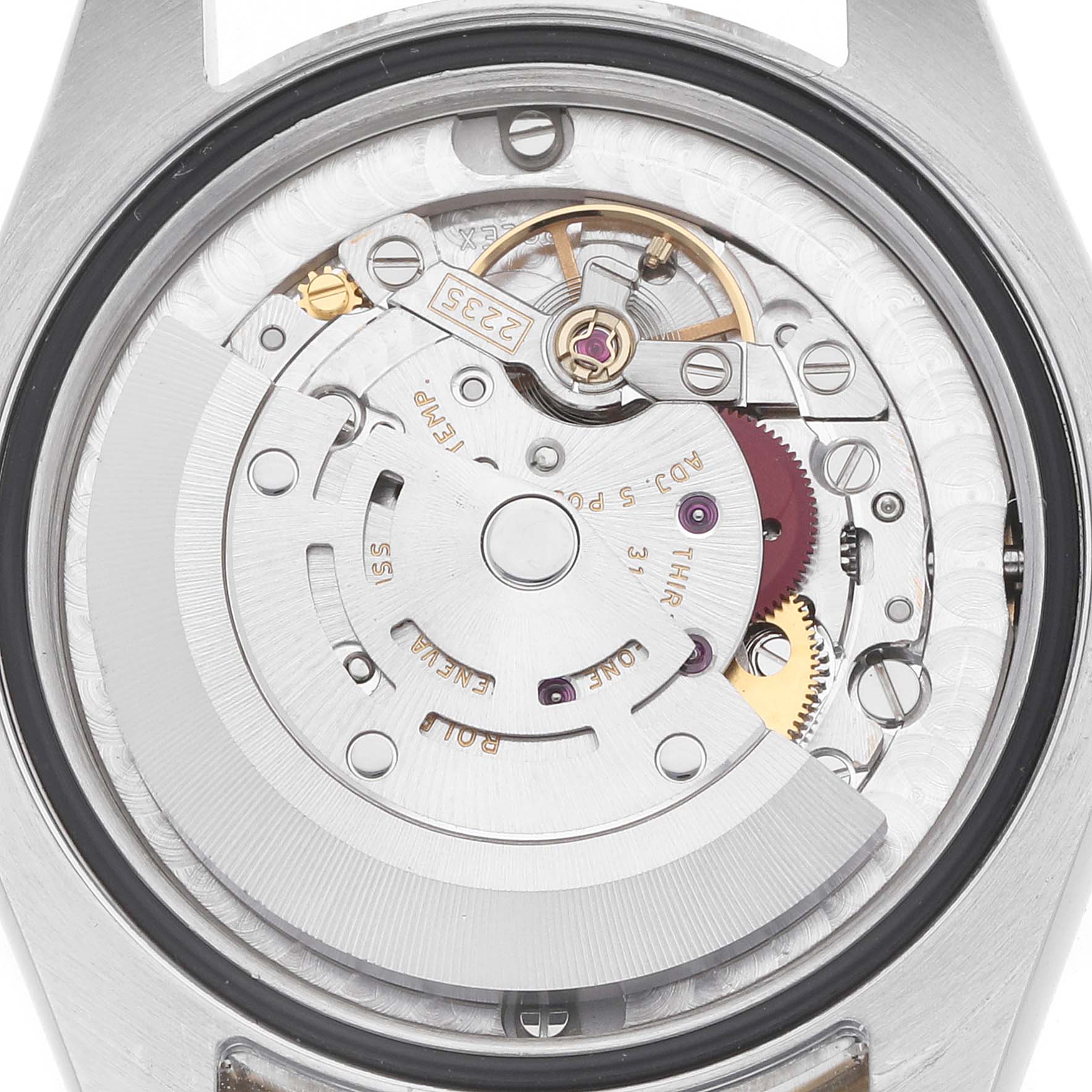 The image shows the underside and movement mechanism of a Rolex Mid-Size 178343 Women's Steel and Gold (two tone) Champagne Dial watch, viewed from the back.