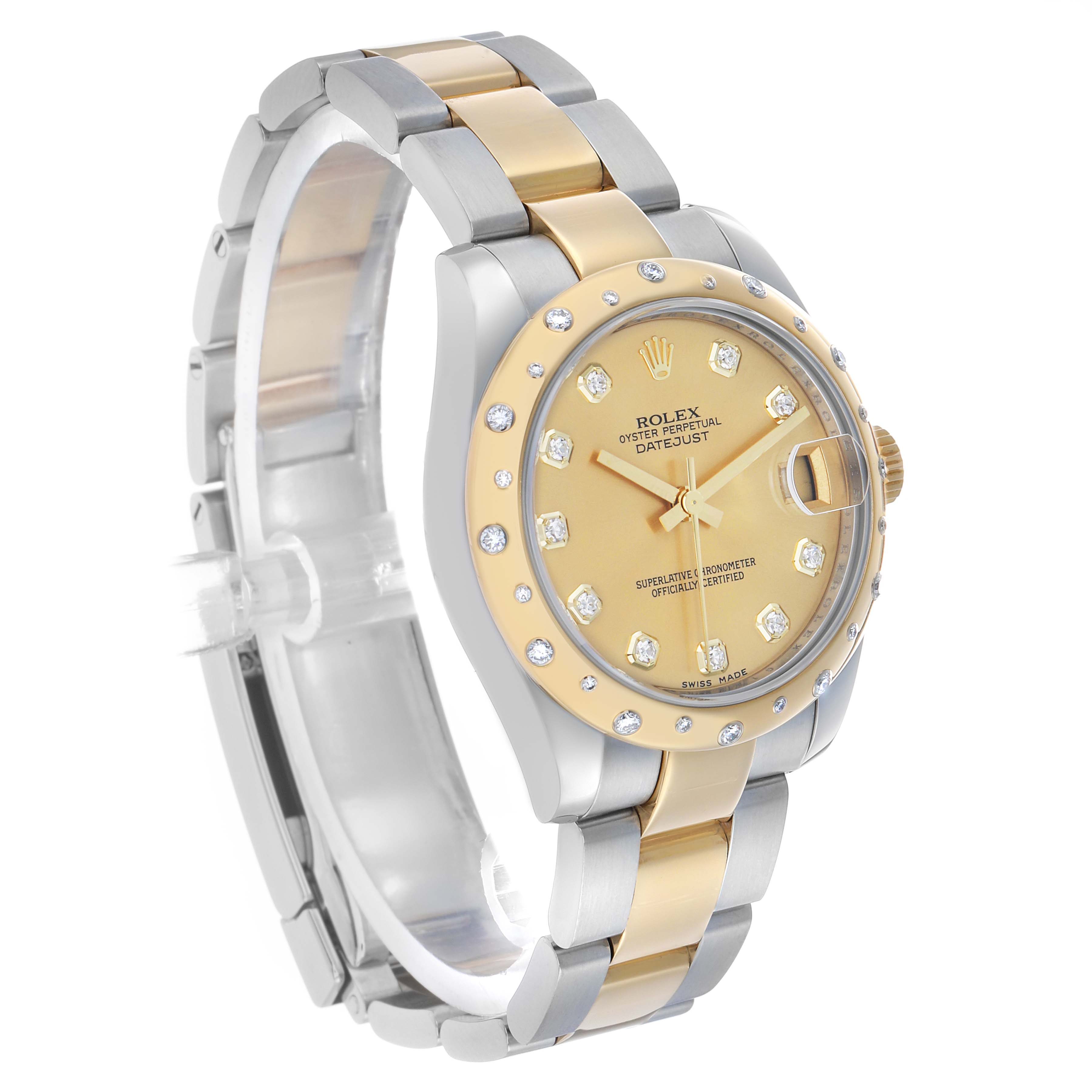 The Rolex Mid-Size 178343 Women's Steel and Gold (two tone) Champagne Dial Datejust is shown at a three-quarter angle, highlighting the face, bezel, bracelet, and visible clasp.