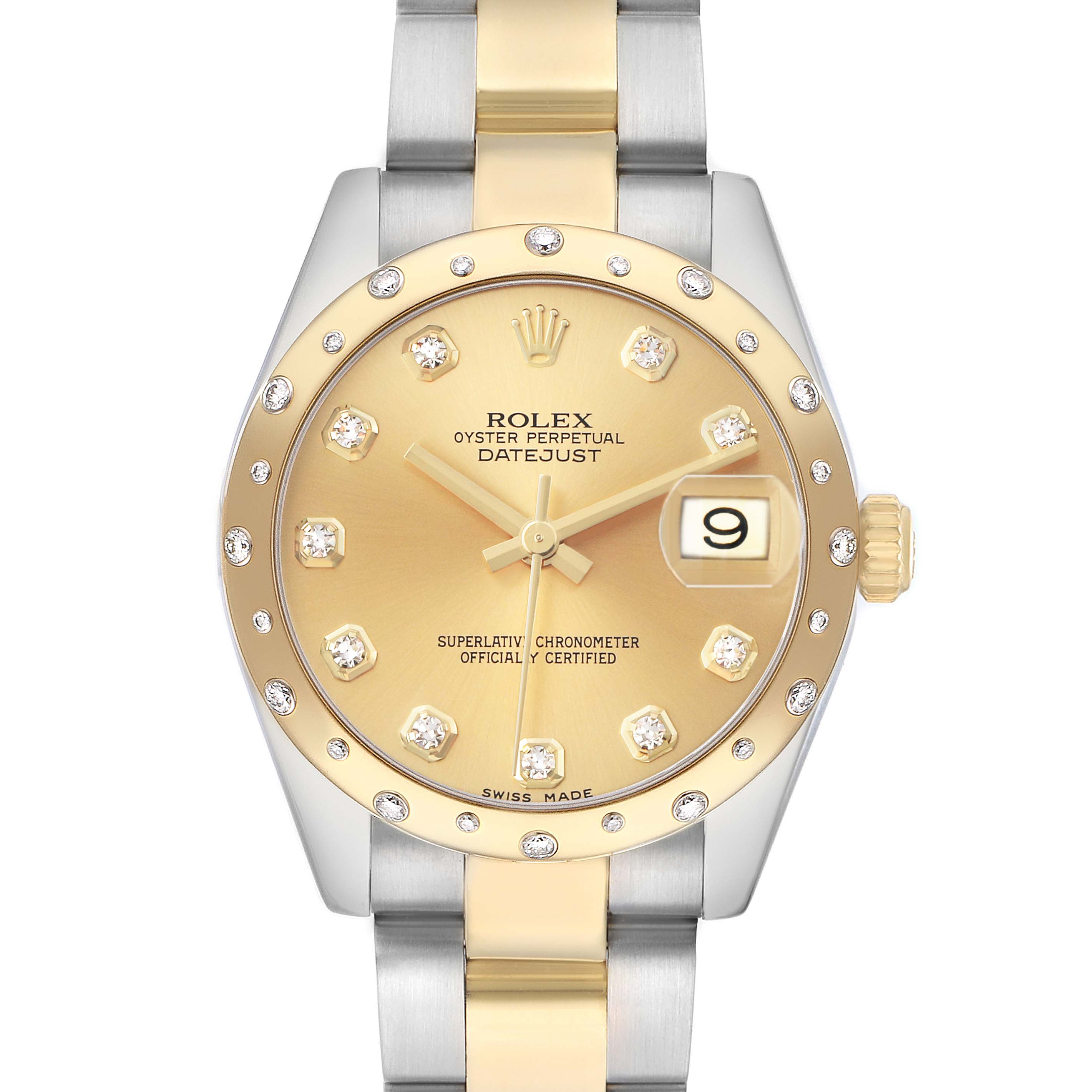 The Rolex Mid-Size 178343 Women's Steel and Gold (two tone) Champagne Dial watch is shown from a top-down angle, featuring the dial, bezel, and part of the bracelet.