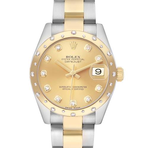 The Rolex Mid-Size 178343 Women's Steel and Gold (two tone) Champagne Dial Datejust is shown from the front, featuring a gold and silver bracelet, diamond markers, and a date window.