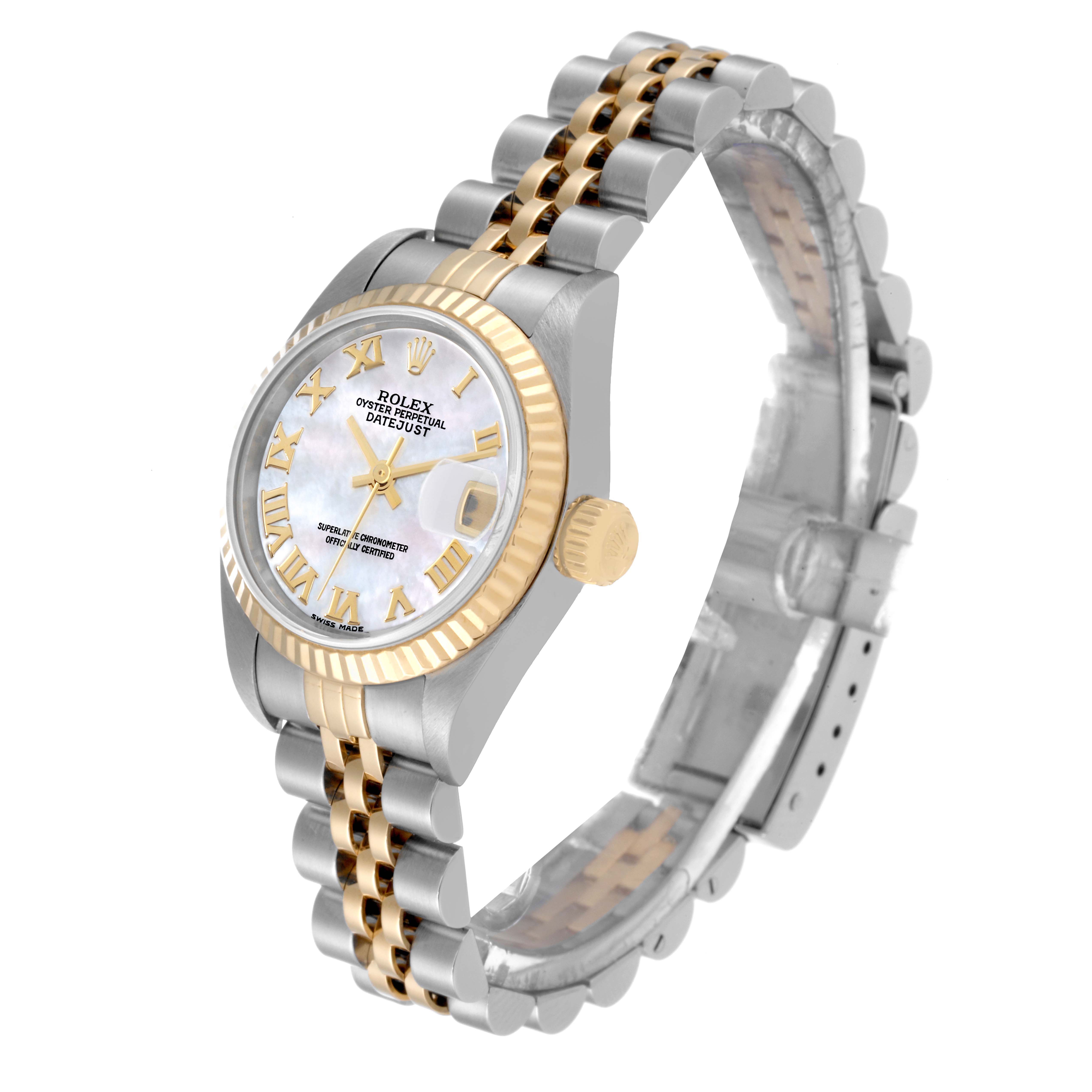 The Rolex Datejust 79173 Women's Steel and Gold (two tone) Mother of Pearl Dial 79173 Women's Steel and Gold (two tone) Mother of Pearl Dial watch is shown at a side angle, highlighting its face, bezel, crown, and two-tone bracelet.