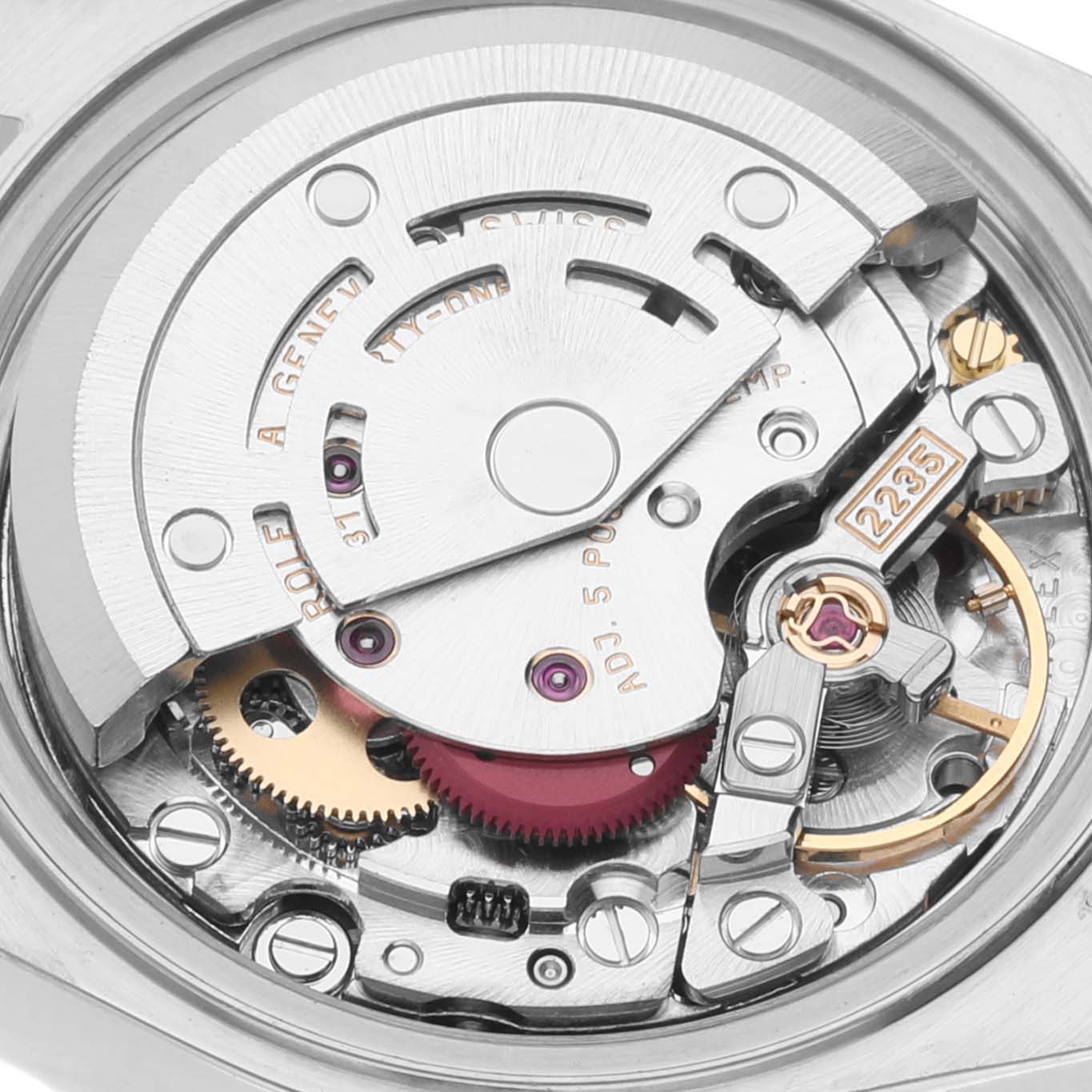 This image shows the Rolex Datejust 79173 Women's Steel and Gold (two tone) Mother of Pearl Dial 79173 Women's Steel and Gold (two tone) Mother of Pearl Dial model's watch movement from a close-up angle, focusing on its intricate components.